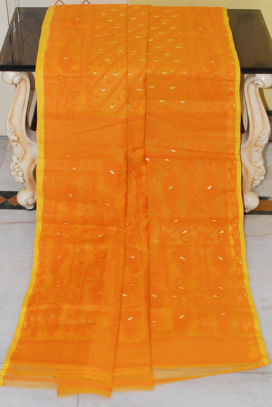 Traditional Karat Work Cotton Muslin Jamdani Saree in Orange, Yellow and Gold