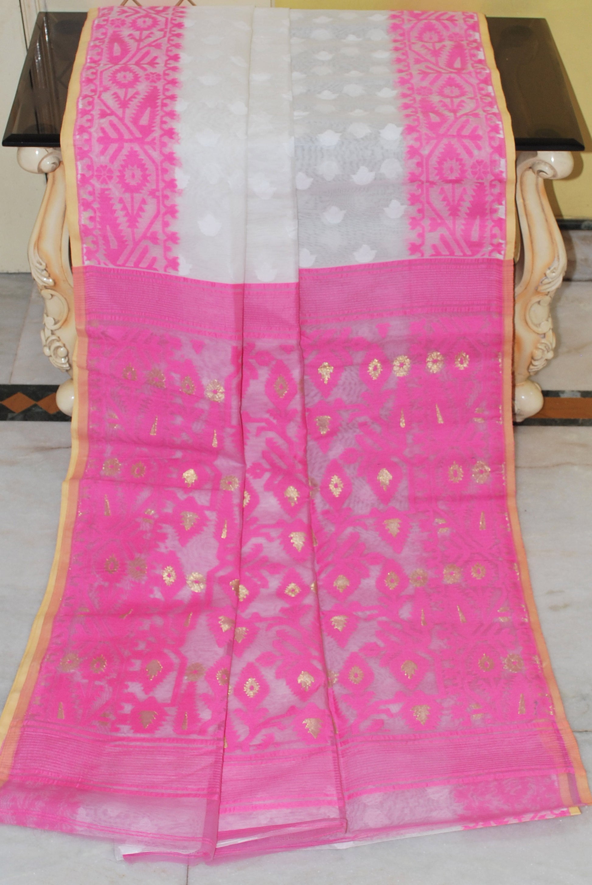 Sholapuri Self Work Contrast Border Cotton Muslin Jamdani Saree in White, Pink, Beige and Gold