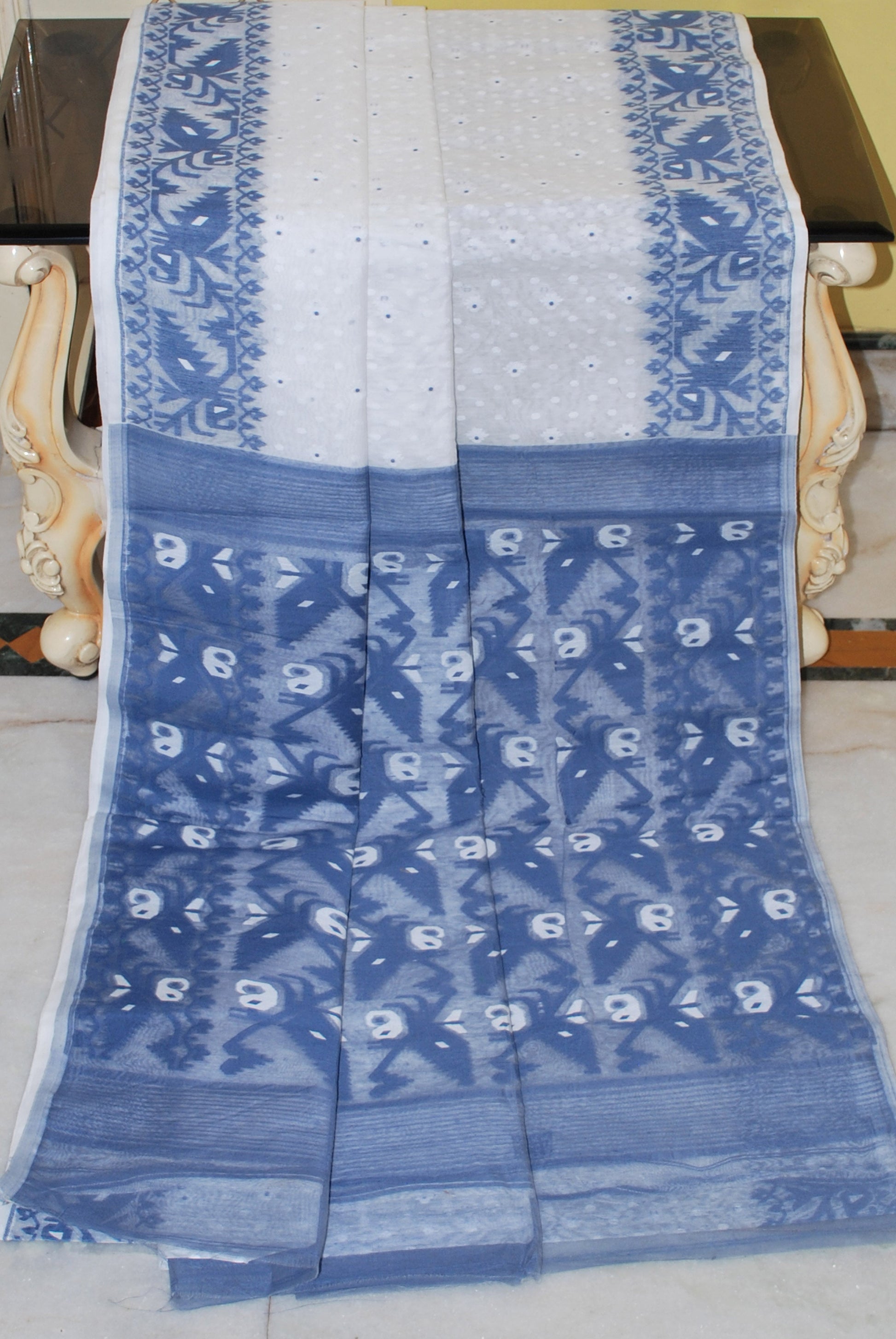 Sholapuri Contrast Hand Karat Nakshi Work Cotton Muslin Jamdani Saree in White and Steel Grey