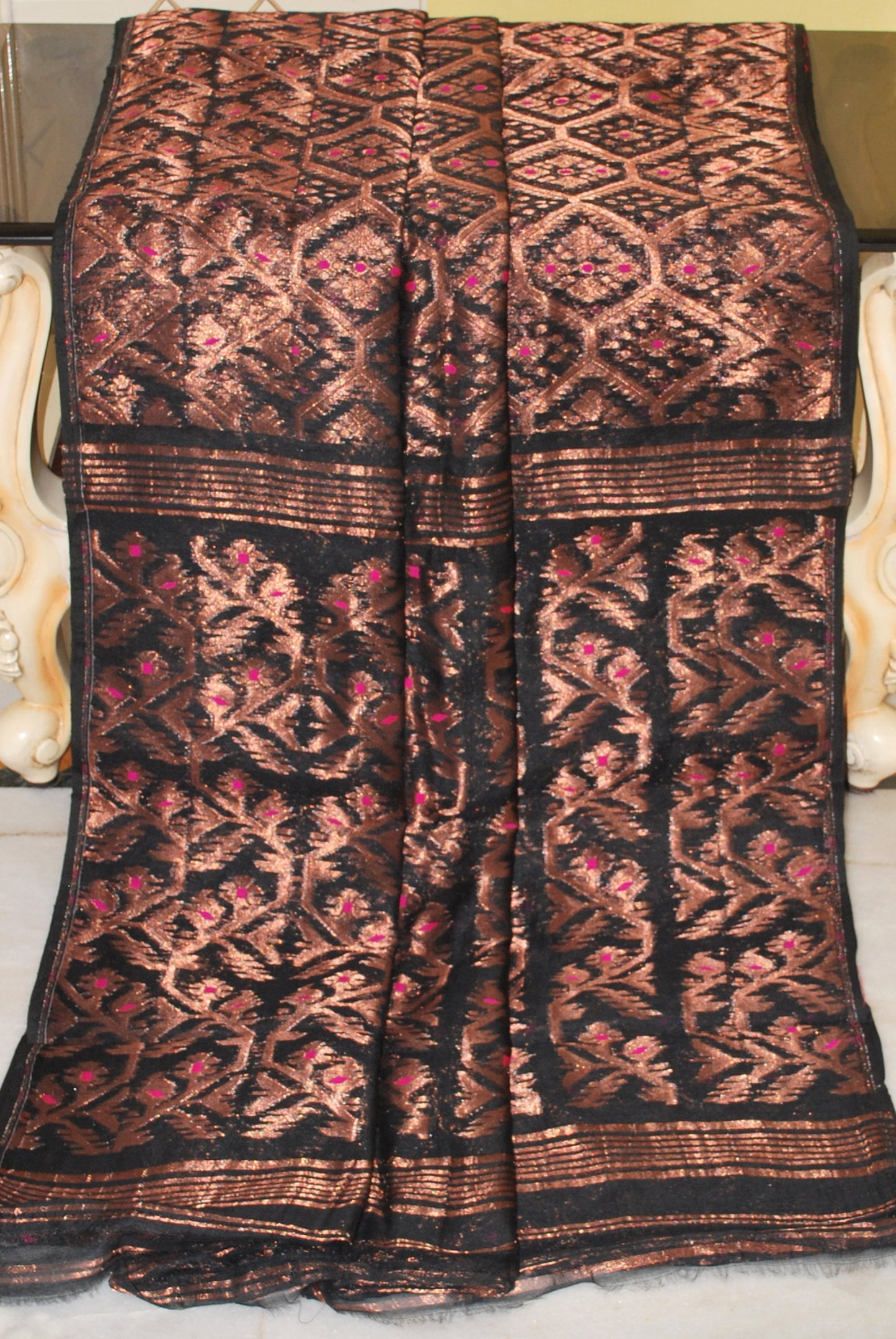 Soft Zari Brocade Dhakai Jamdani Saree in Black and Copper