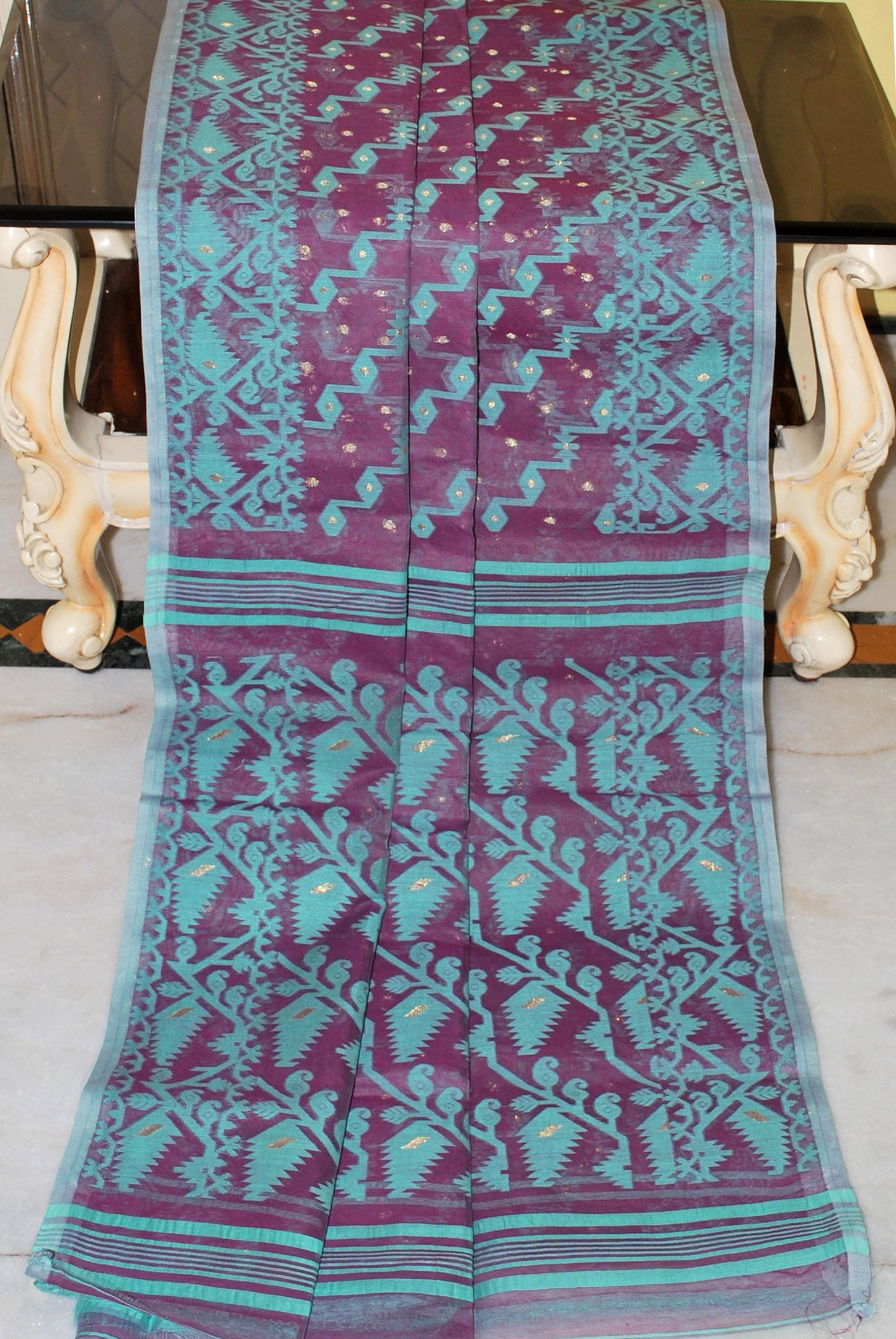 Cotton Muslin Jamdani Saree in Purple, Cerulean Blue and Gold Zari Work