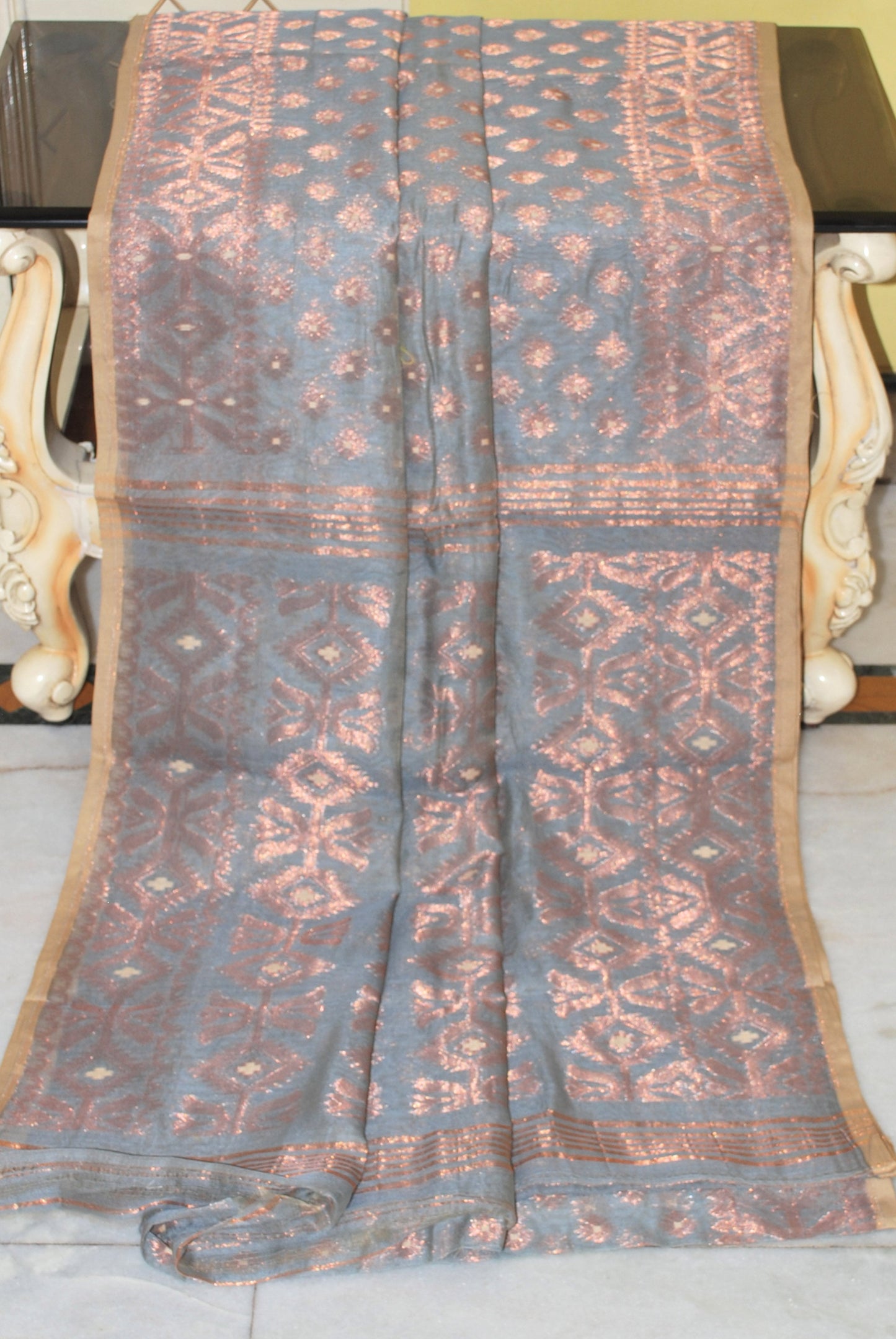 Soft Zari Brocade Dhakai Jamdani Saree in Grey and Copper