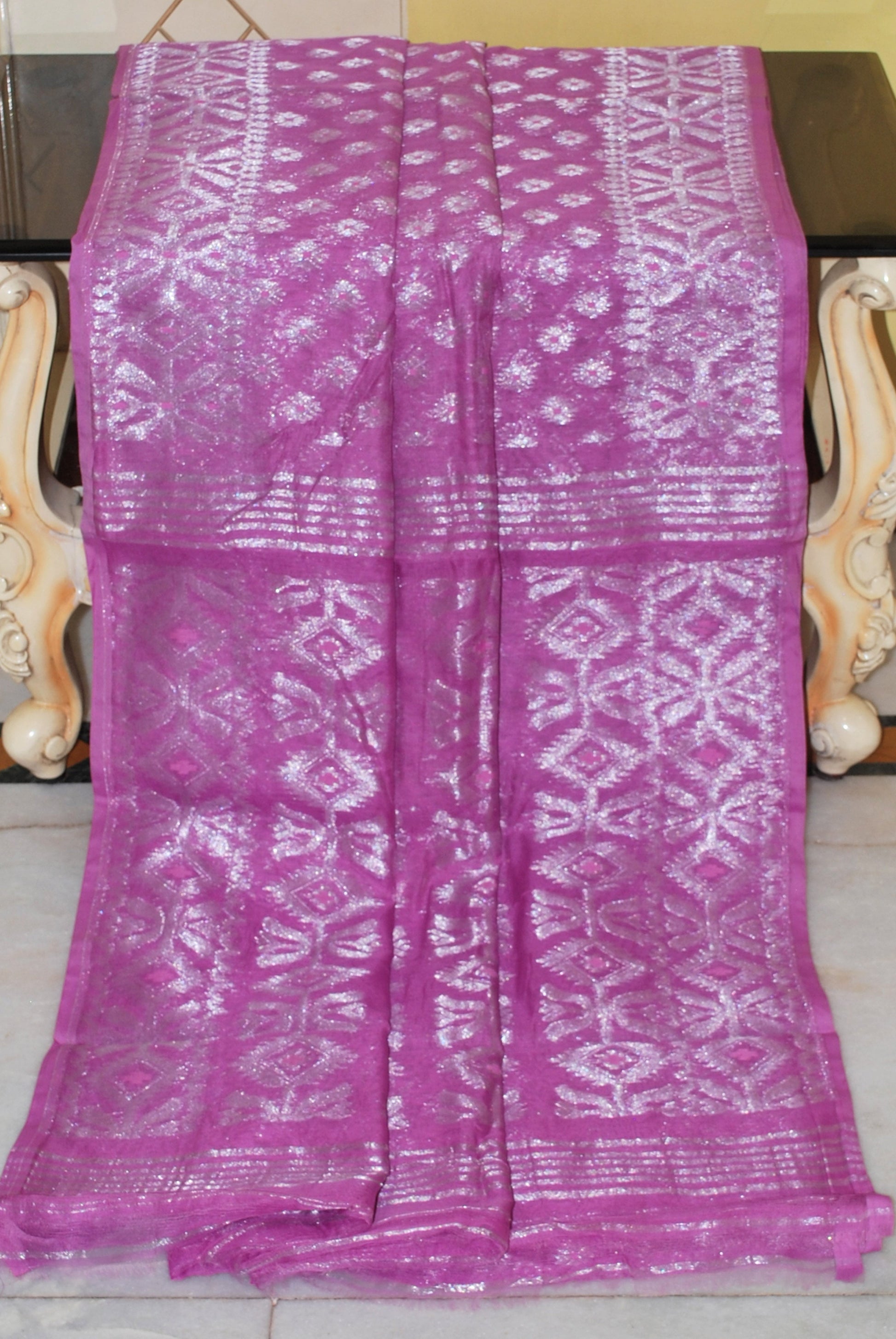 Soft Zari Brocade Dhakai Jamdani Saree in Lavender and Silver