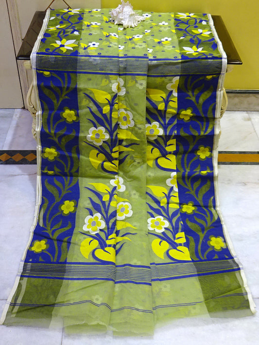 Floral Nakshi Motif Work Dhakai Jamdani Saree in Pale Lime Green, Royal Blue, Off White and Yellow