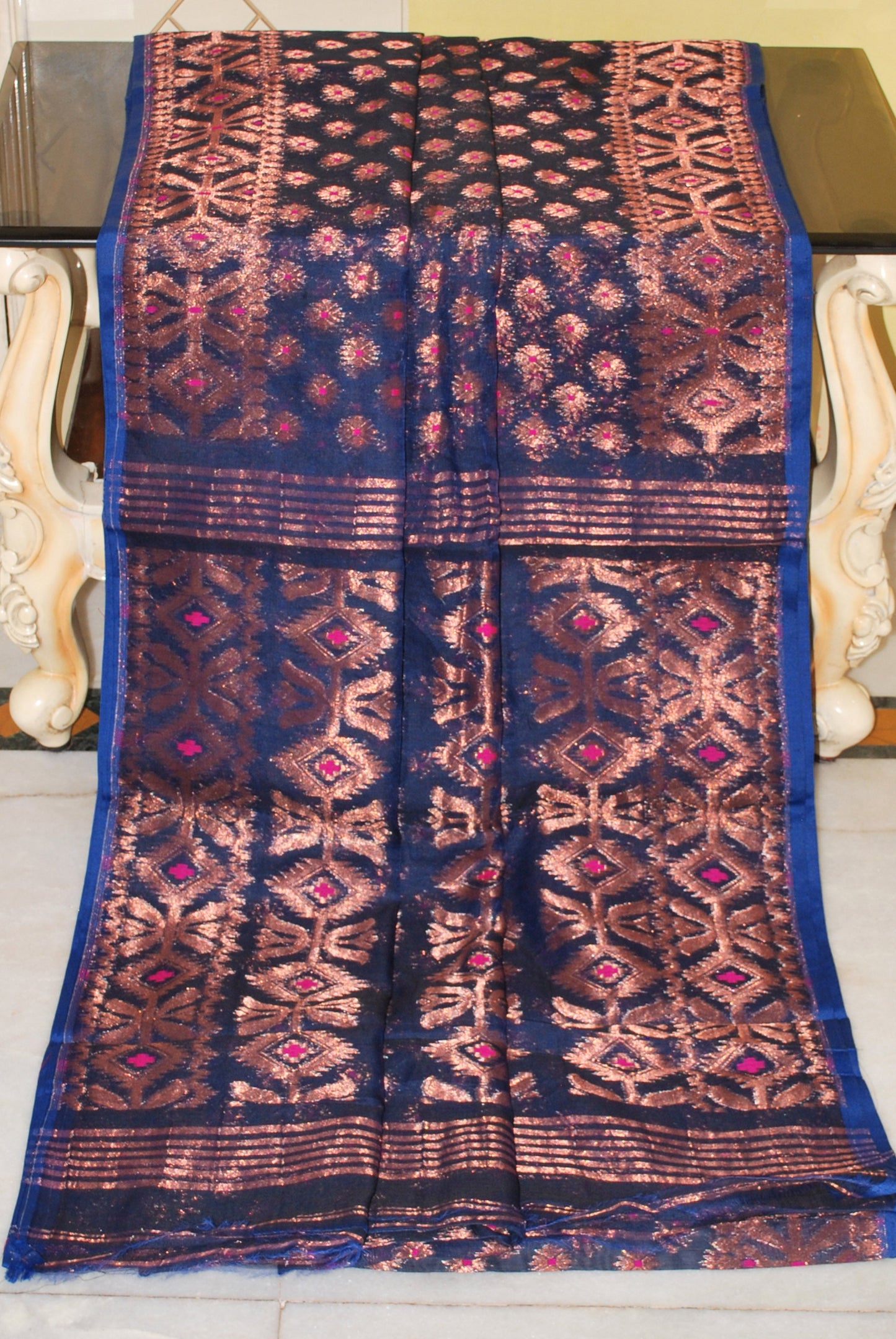 Soft Zari Brocade Dhakai Jamdani Saree in Navy Blue and Copper