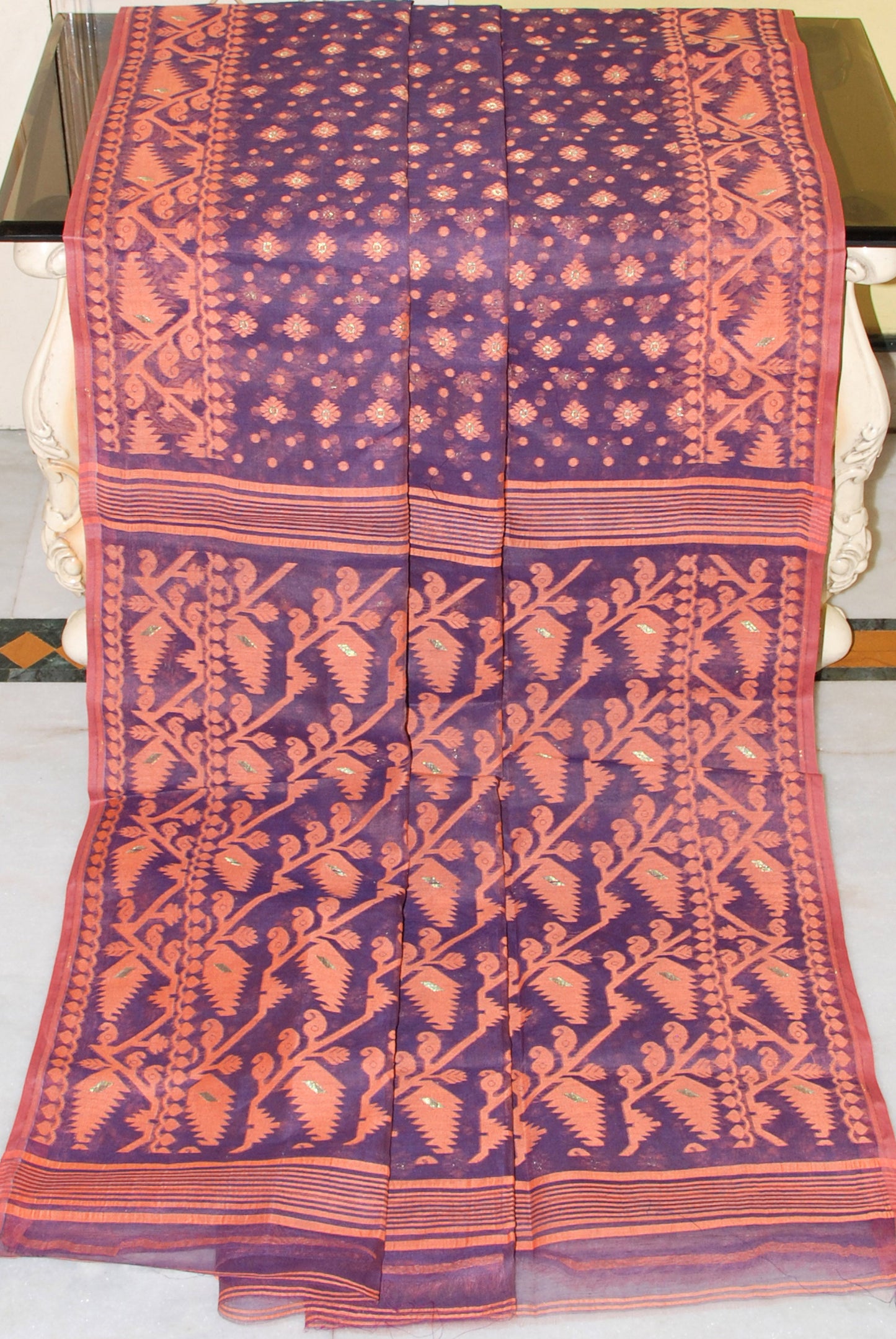 Cotton Muslin Jamdani Saree in Dark Lavender, Warm Beige and Gold Zari Work