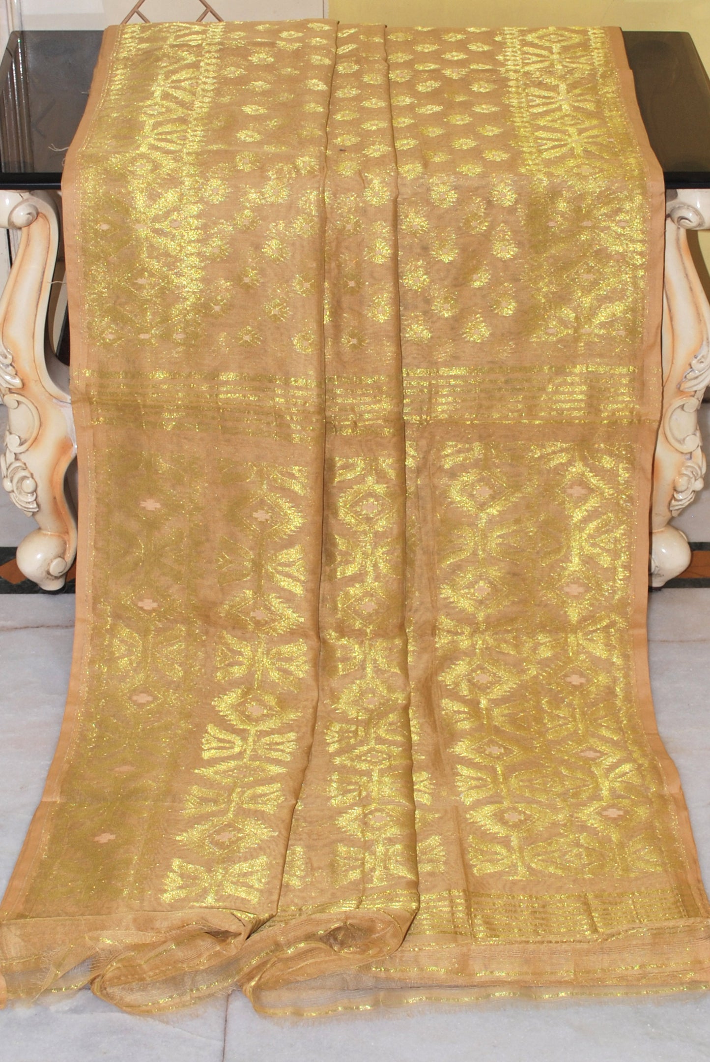 Soft Zari Brocade Dhakai Jamdani Saree in Parmesan and Golden