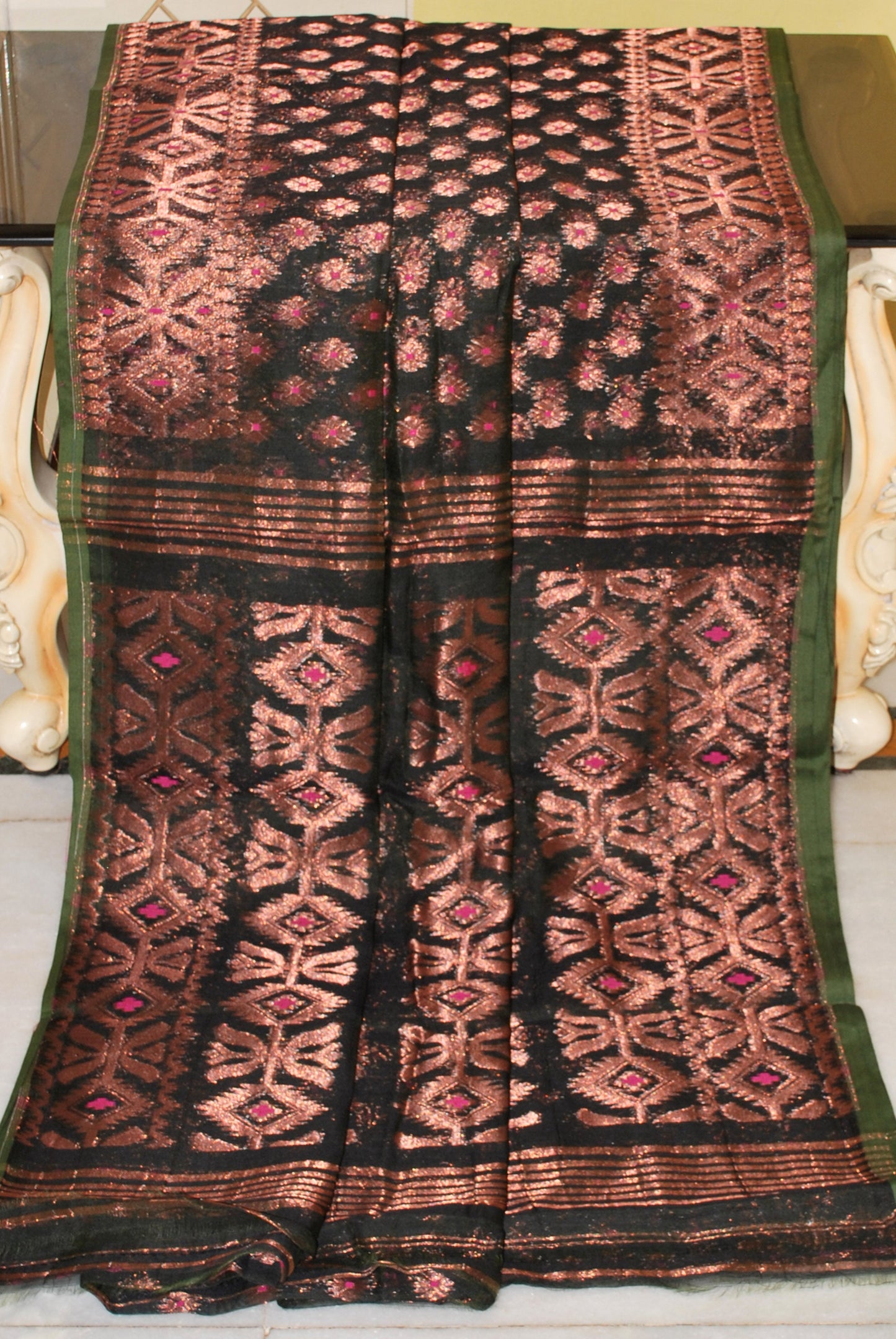 Soft Zari Brocade Dhakai Jamdani Saree in Dark Bottle Green and Copper