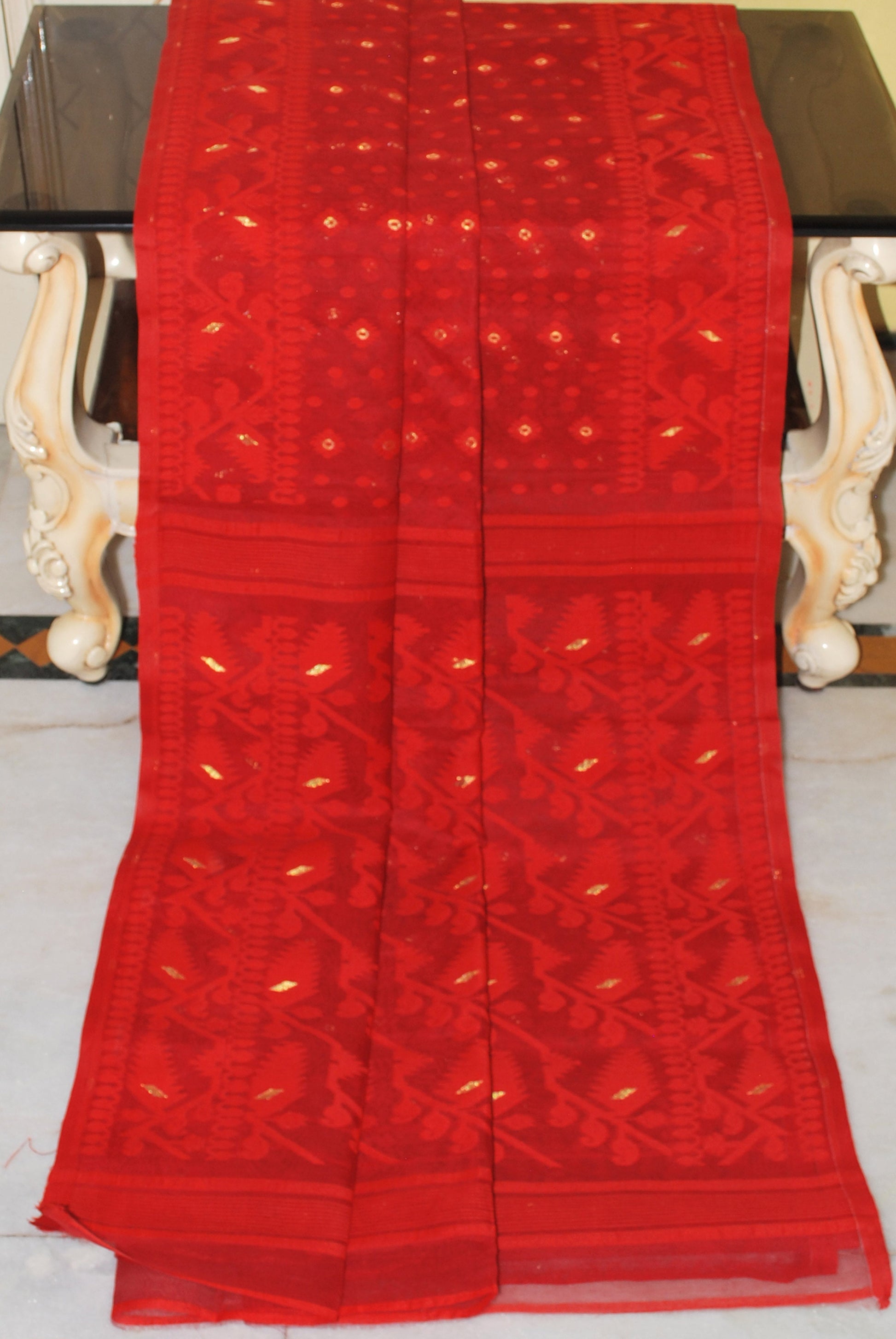 Cotton Muslin Jamdani Saree in Red and Gold Zari Work