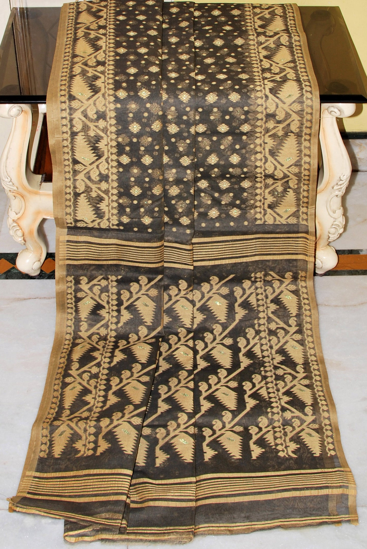 Cotton Muslin Jamdani Saree in Steel Grey, Beige and Gold Zari Work