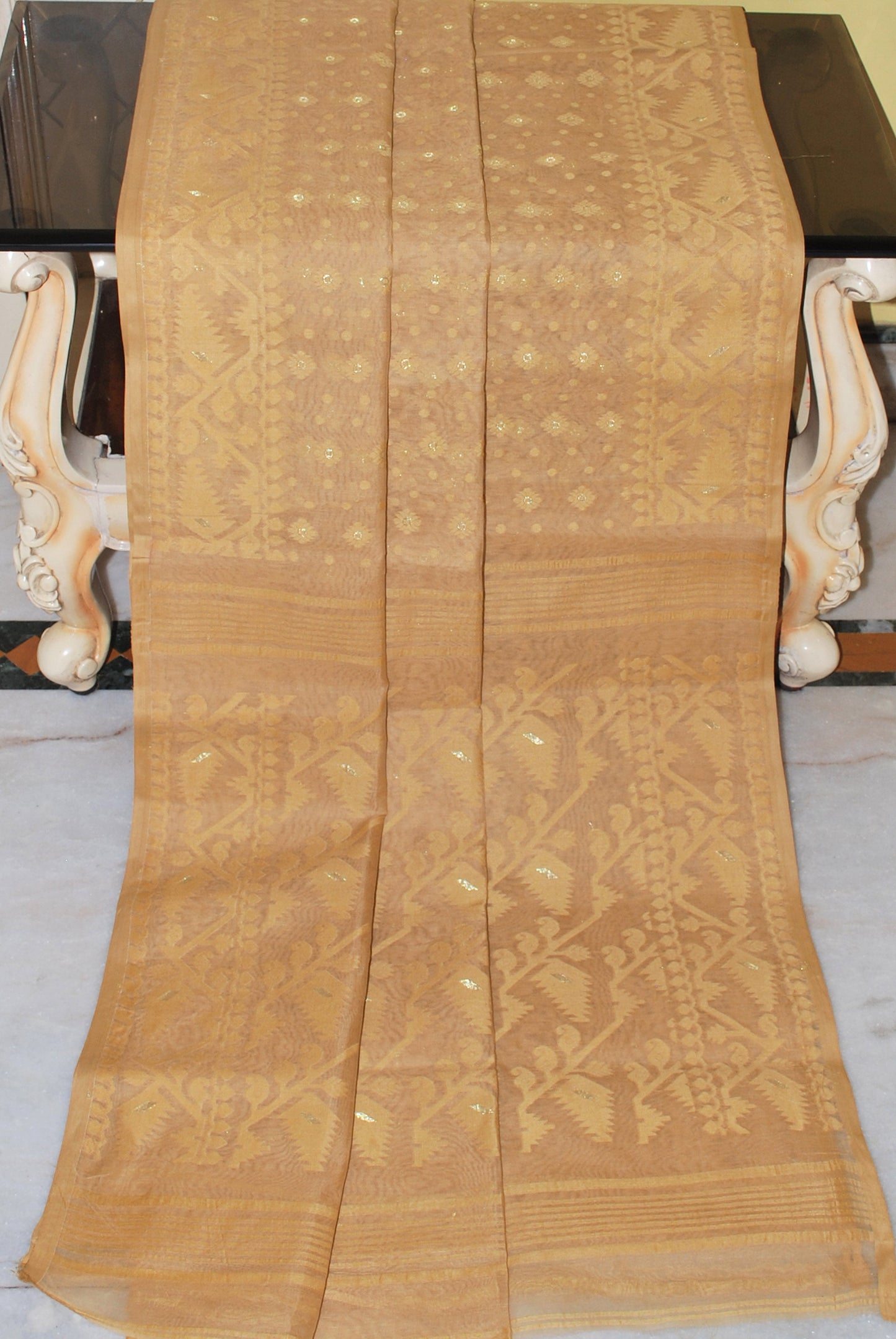 Cotton Muslin Jamdani Saree in Warm Beige and Gold Zari Work