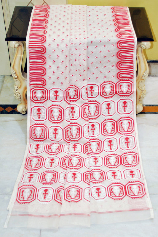 Handwoven Jamdani Saree in Off White, White and Red