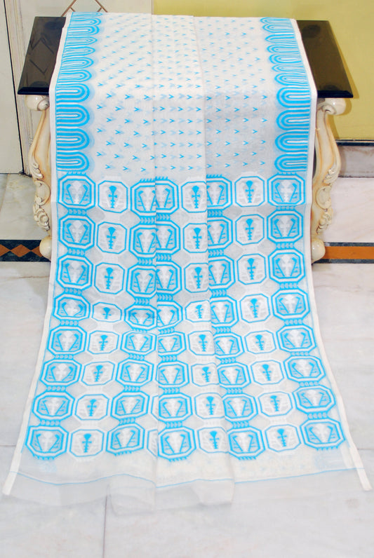 Handwoven Jamdani Saree in Off White, White and Blue