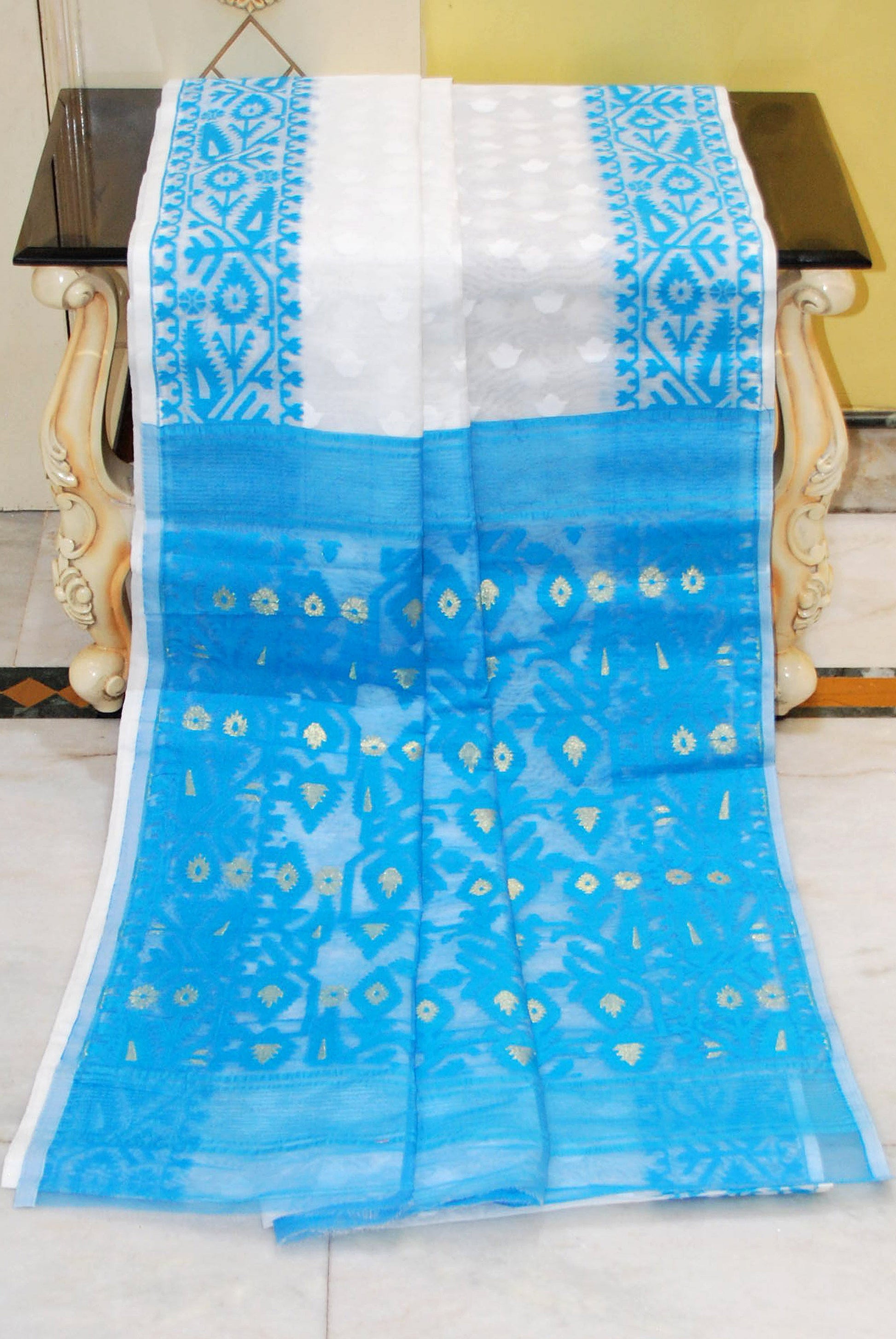 Sholapuri Self Work Contrast Border Cotton Muslin Jamdani Saree in White, Sky Blue and Gold