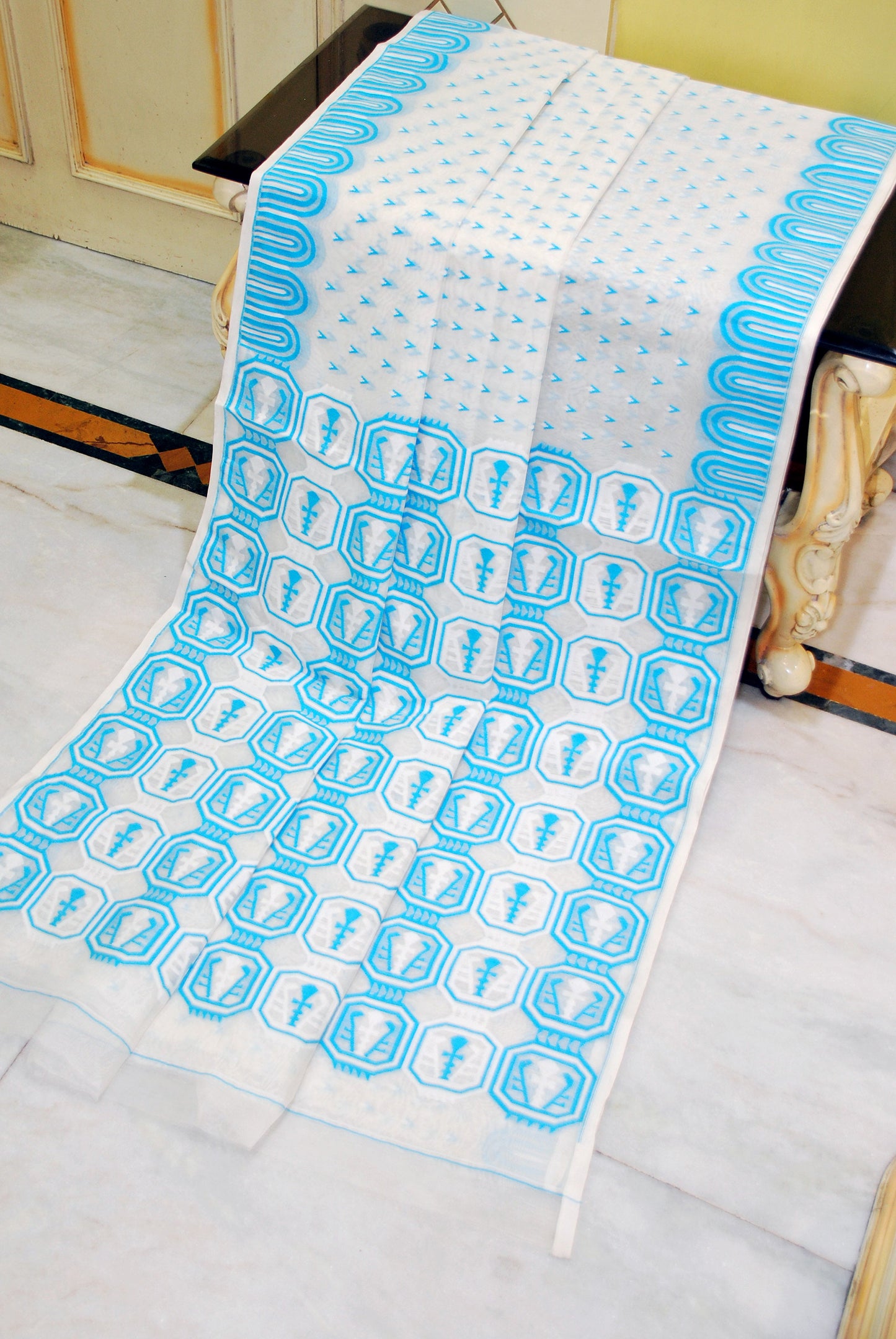 Handwoven Jamdani Saree in Off White, White and Blue