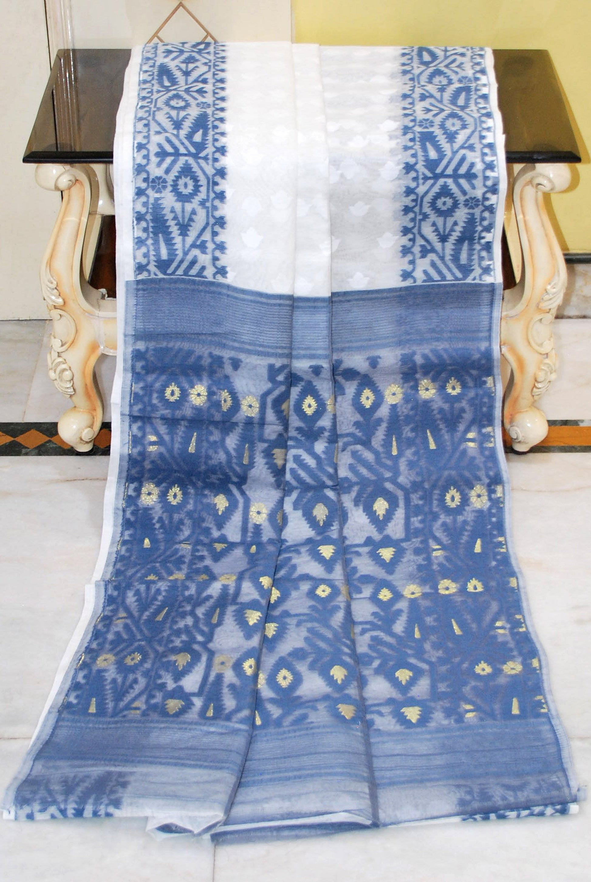 Sholapuri Self Work Contrast Border Cotton Muslin Jamdani Saree in White, Steel Blue and Gold