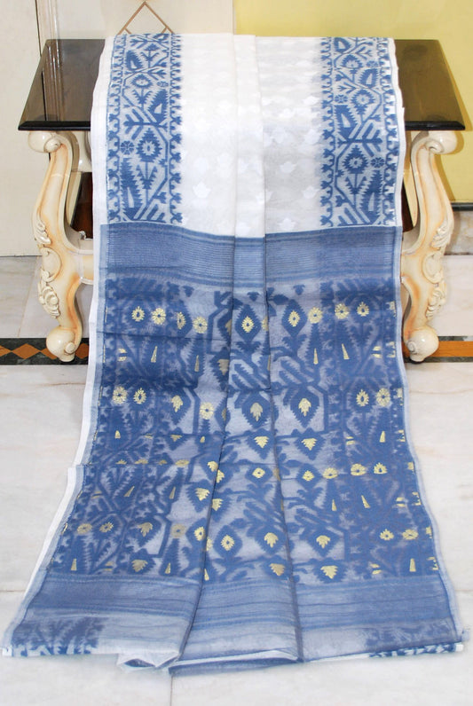 Sholapuri Self Work Contrast Border Cotton Muslin Jamdani Saree in White, Steel Blue and Gold