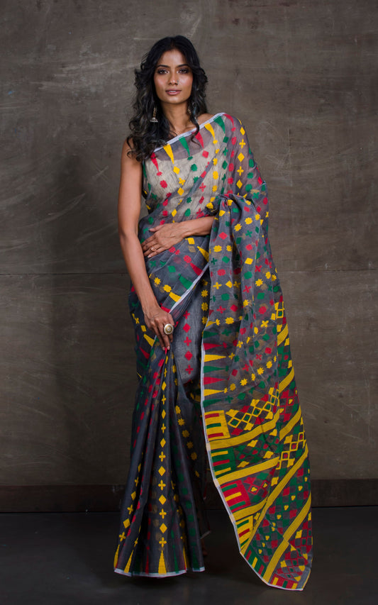 Hand Woven Cotton Muslin Jamdani Saree in Grey and Multicolored Thread Work