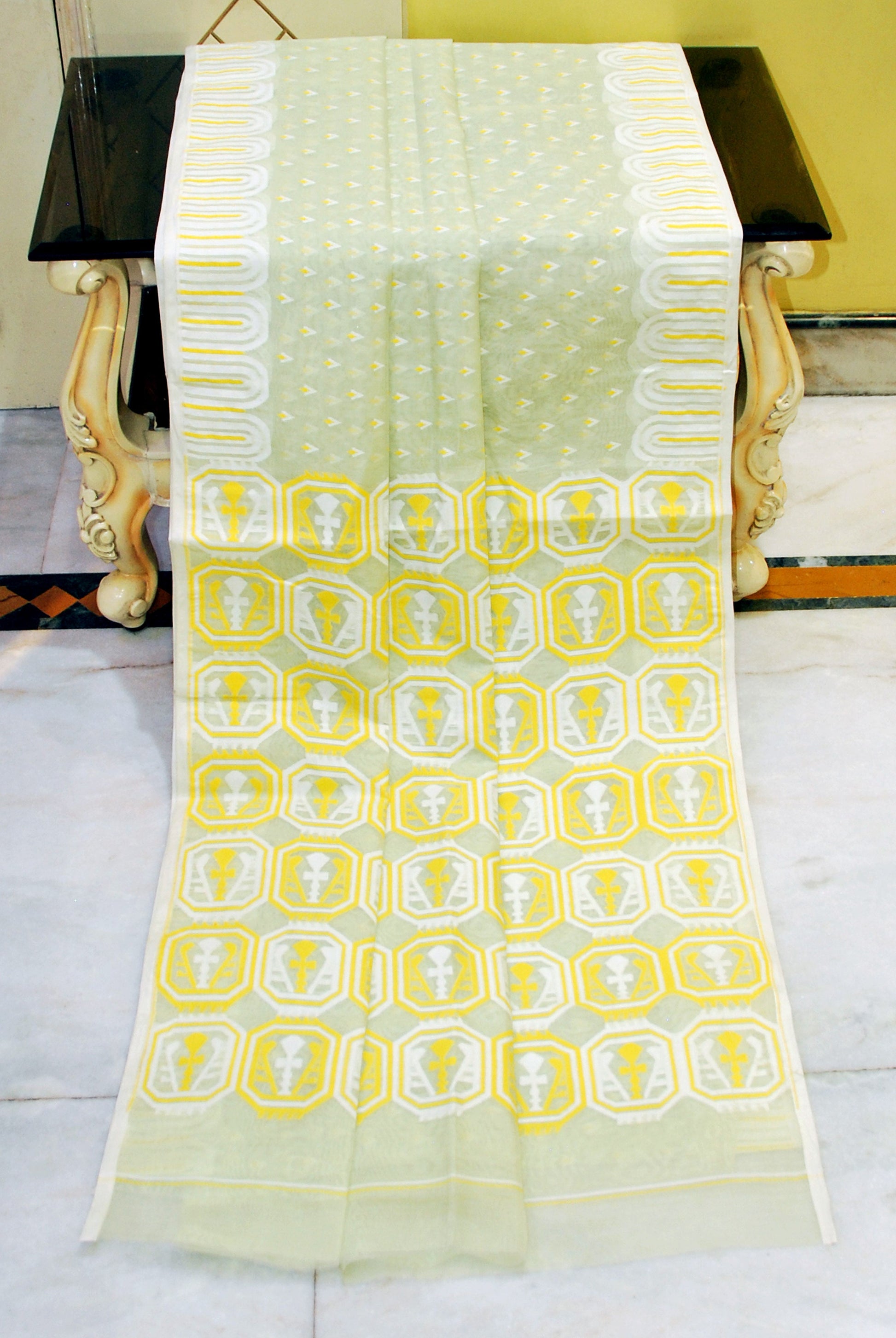 Handwoven Jamdani Saree in Tea Green, Yellow and Off White