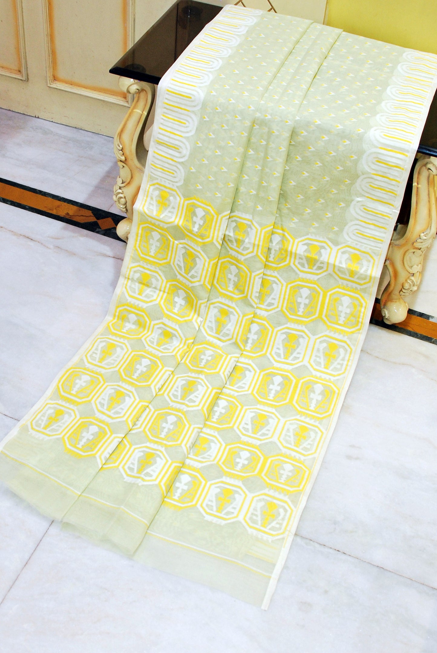 Handwoven Jamdani Saree in Tea Green, Yellow and Off White