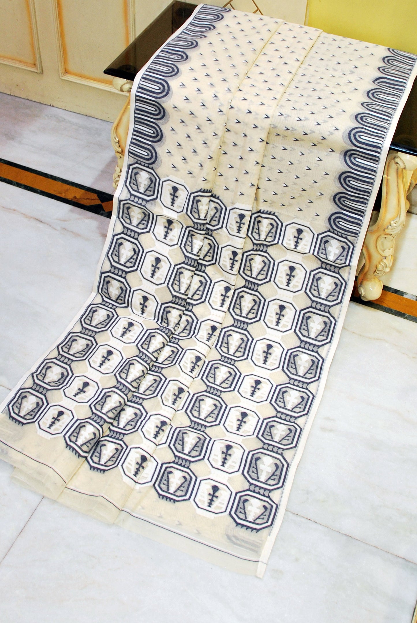 Handwoven Jamdani Saree in Parchment White, Black and Off White