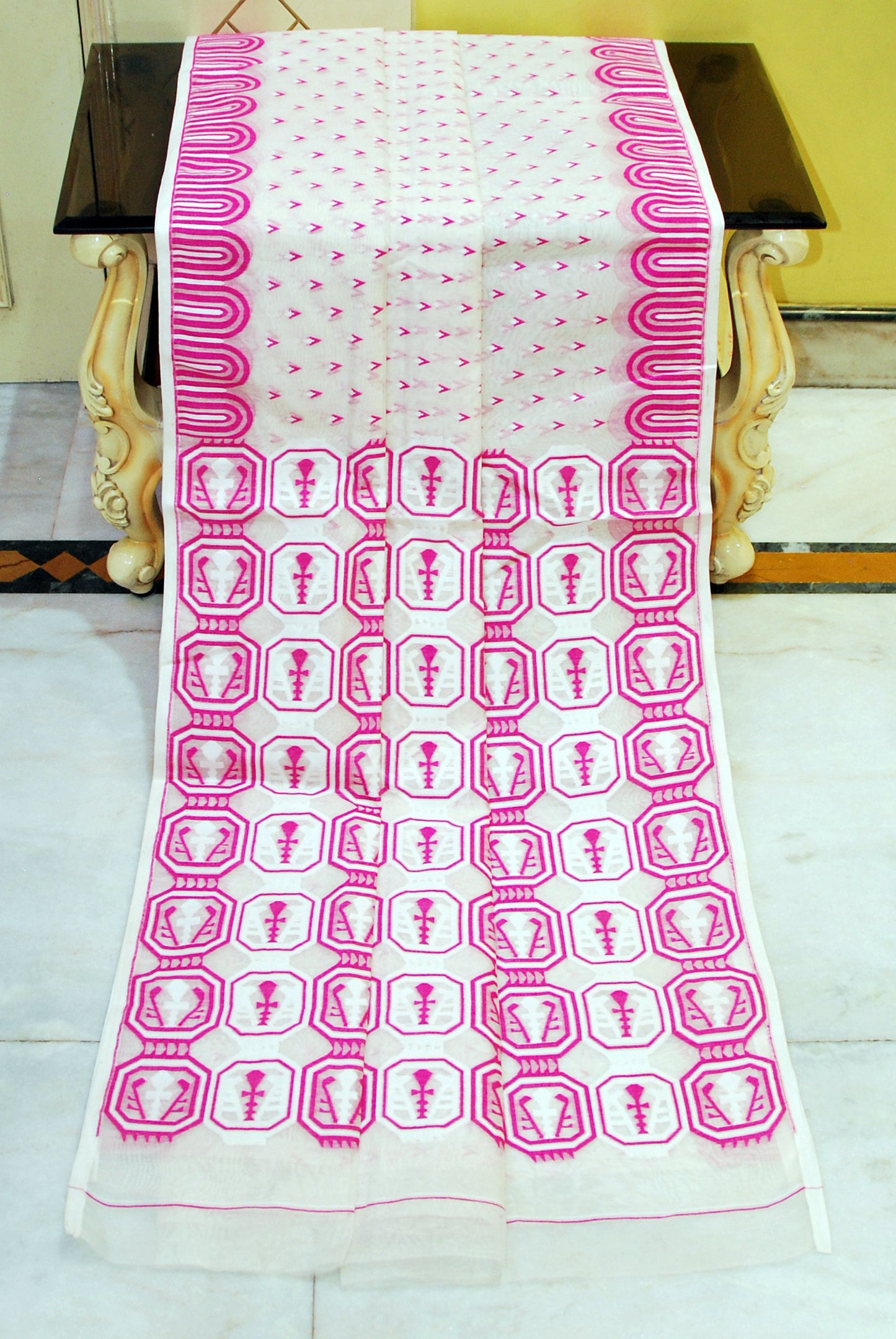 Handwoven Jamdani Saree in Off White, White and Magenta