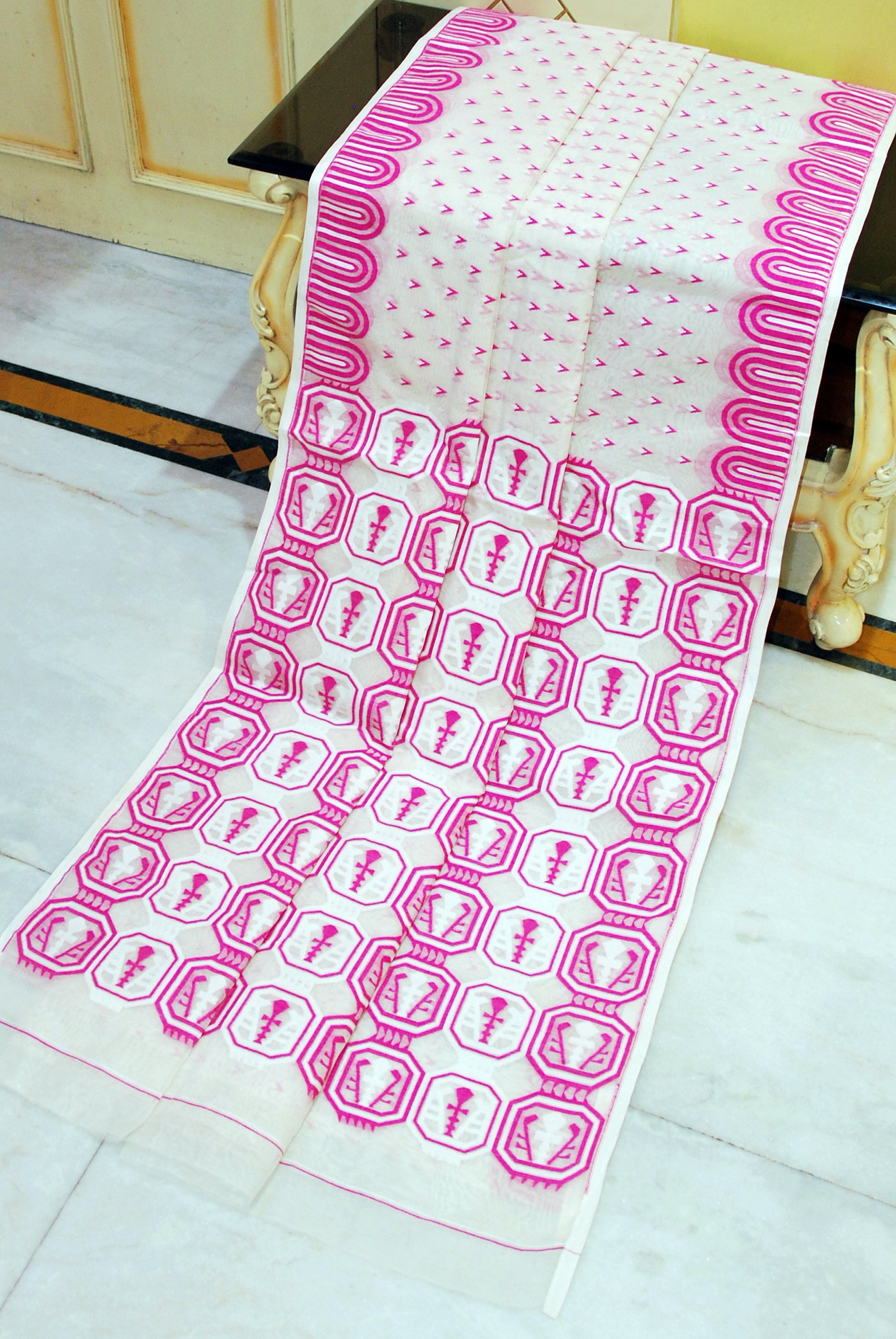 Handwoven Jamdani Saree in Off White, White and Magenta