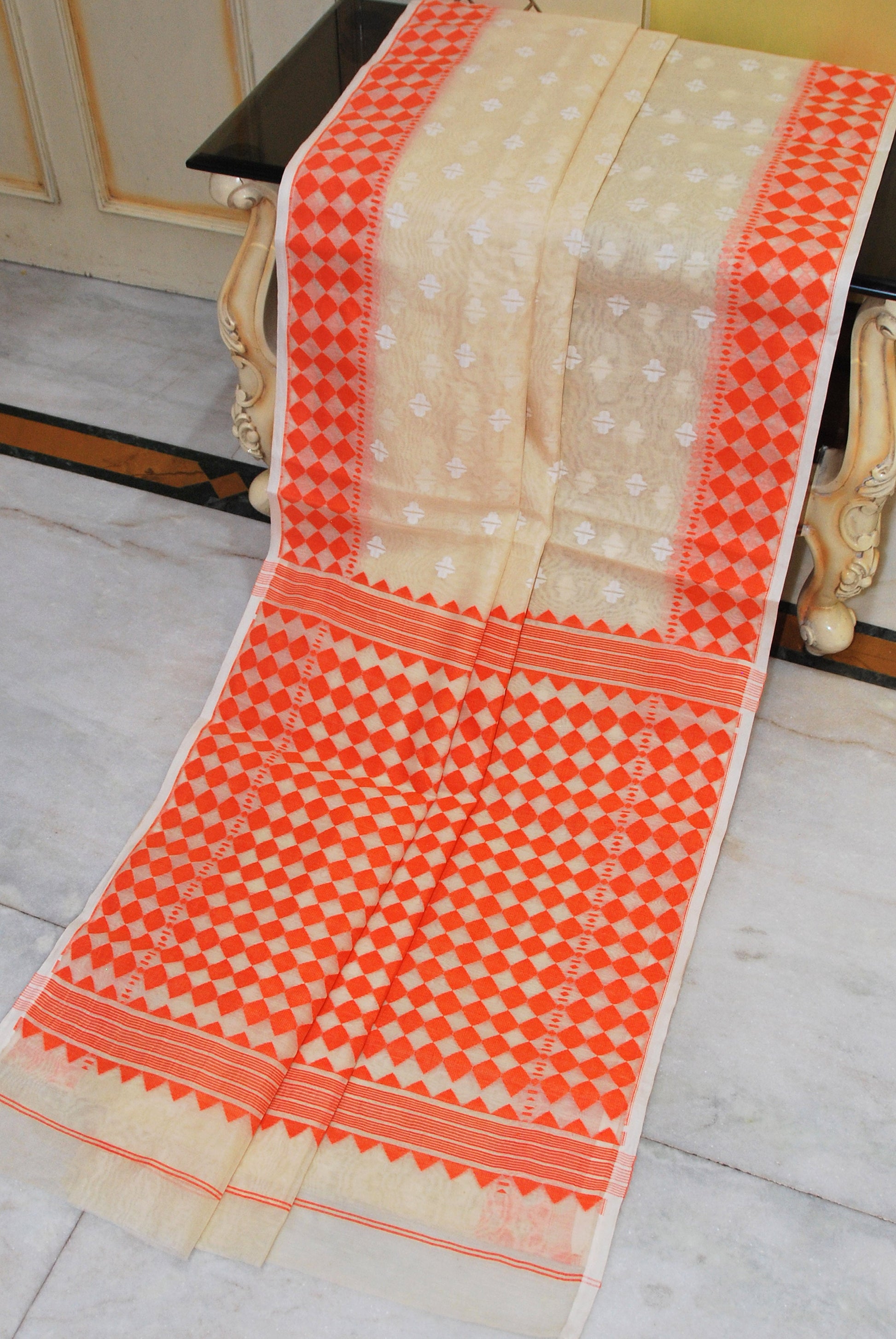 Handwoven Sholapuri Rhombus Work Jamdani Saree in Light Beige, Off White and Orange