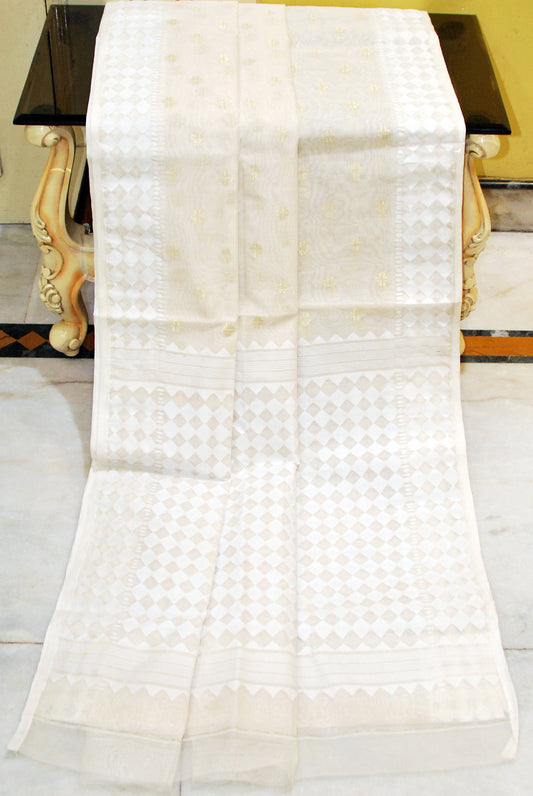 Handwoven Sholapuri Rhombus Work Jamdani Saree in Off White, White and Golden