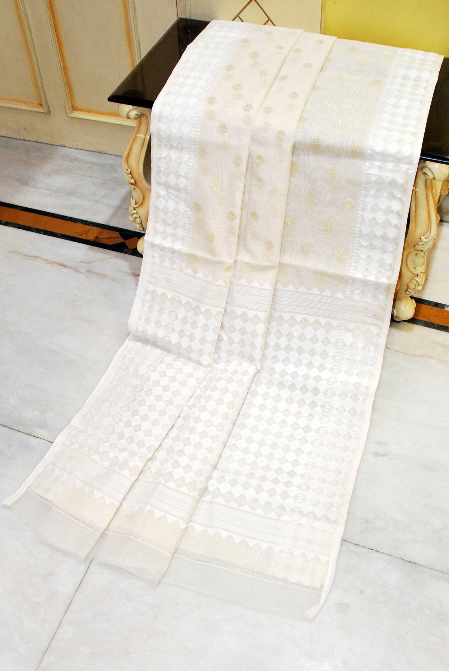 Handwoven Sholapuri Rhombus Work Jamdani Saree in Off White, White and Golden