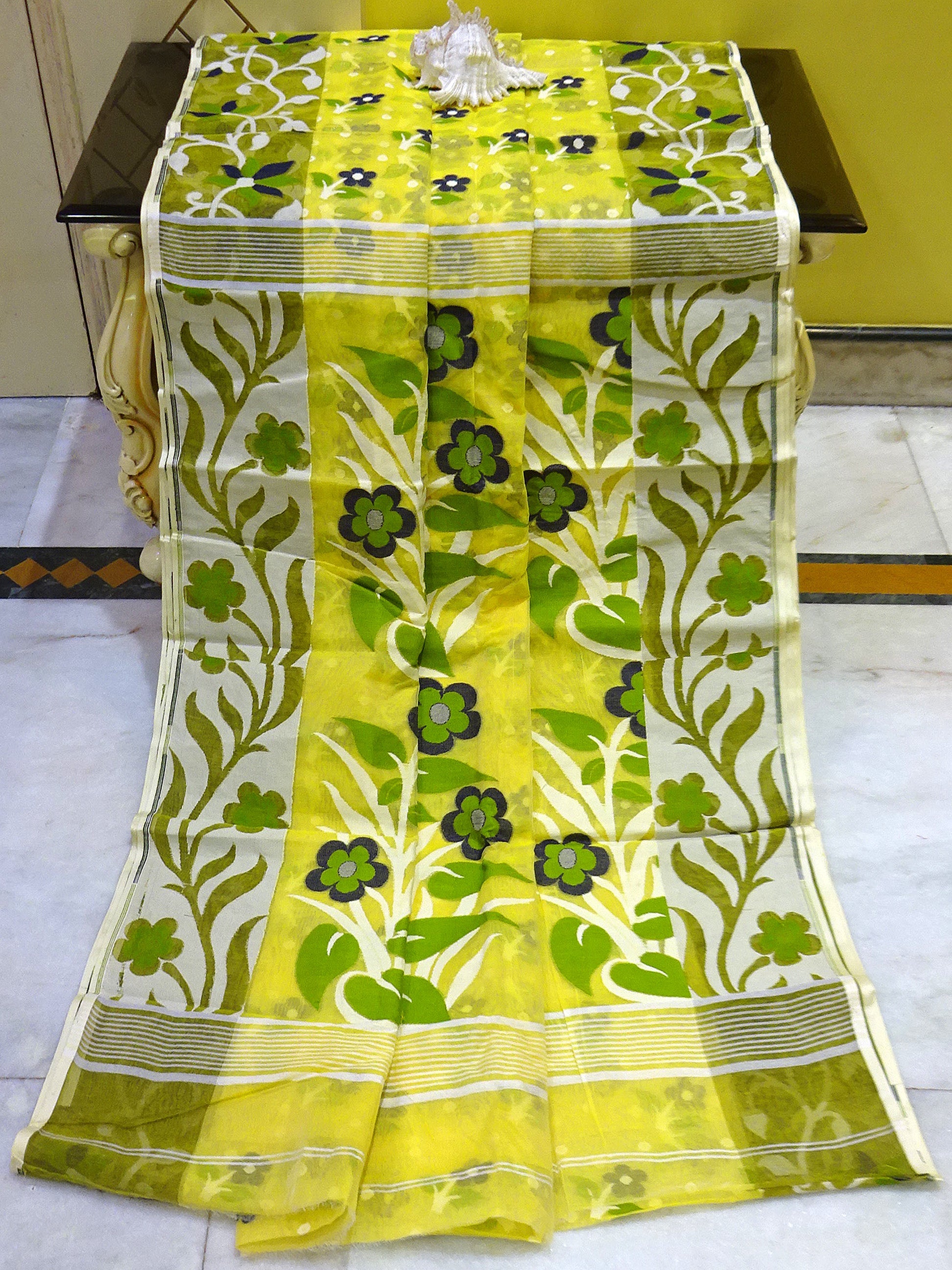 Floral Nakshi Motif Work Dhakai Jamdani Saree in Light Yellow, Olive Green, Off White and Black