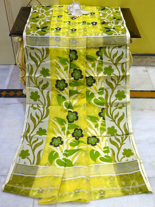 Floral Nakshi Motif Work Dhakai Jamdani Saree in Light Yellow, Olive Green, Off White and Black