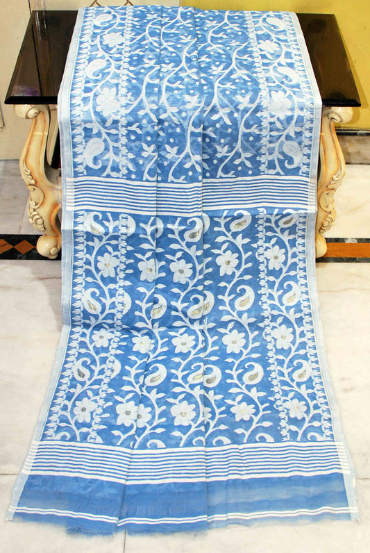 Sholapuri Work Jamdani Saree in Cornflower Blue, White and Gold