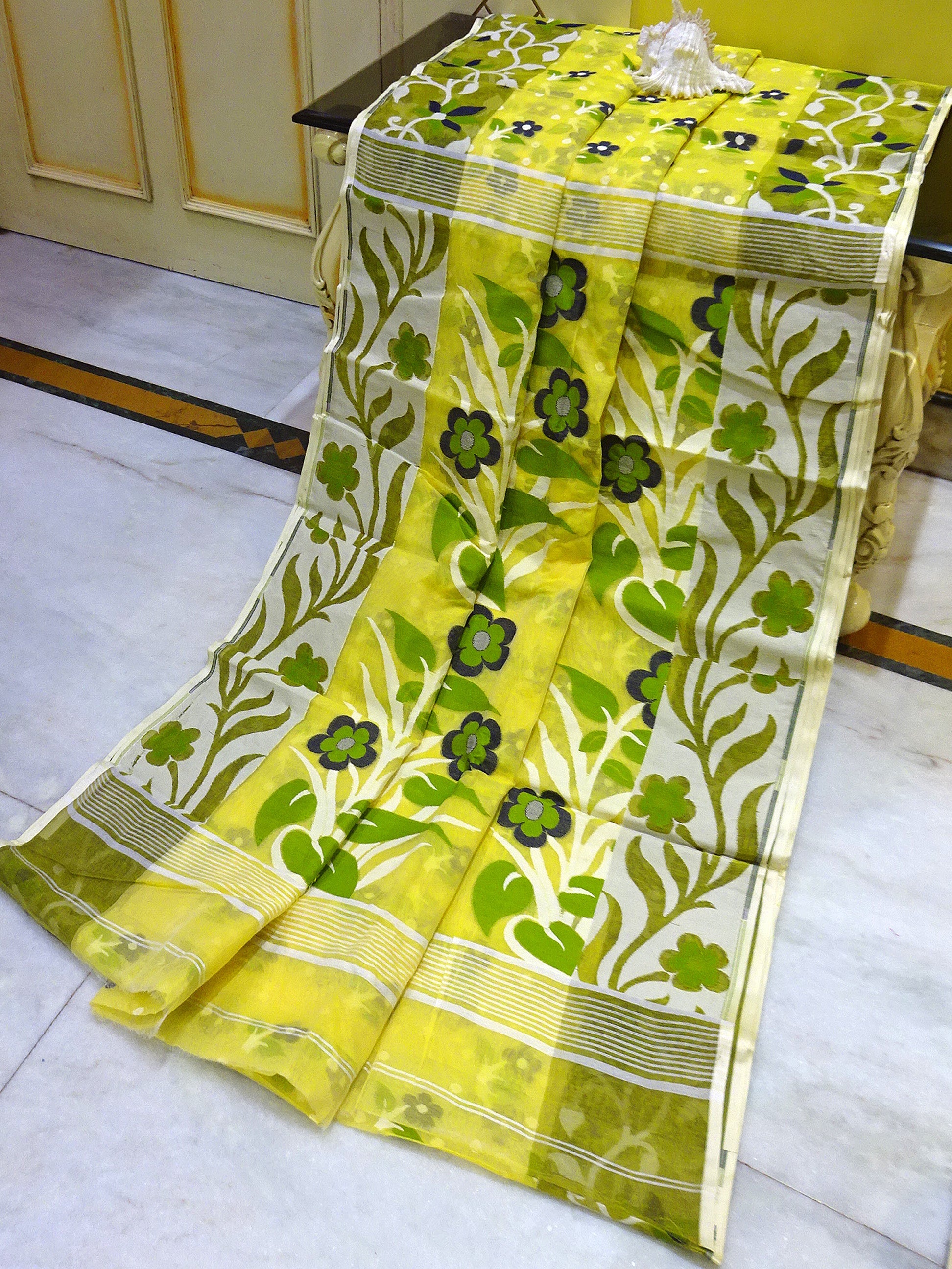 Floral Nakshi Motif Work Dhakai Jamdani Saree in Light Yellow, Olive Green, Off White and Black