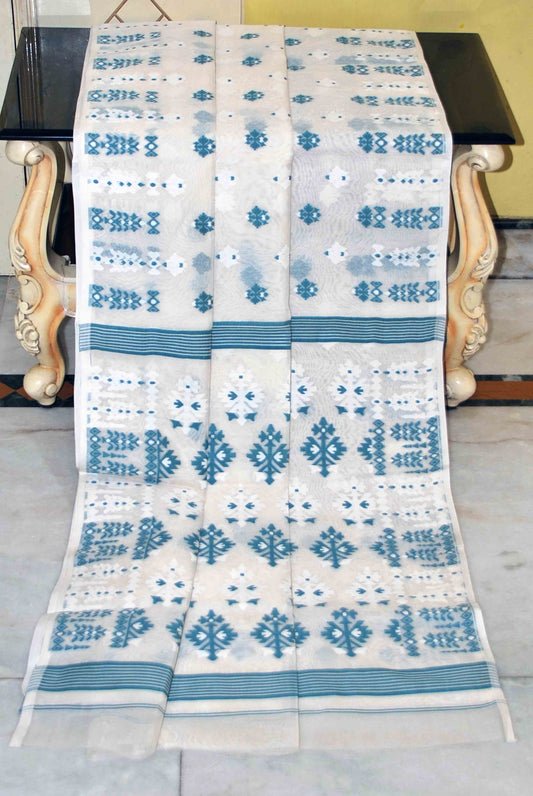 Woven Nakshi Work Soft Muslin Jamdani Saree in Off White and Teal