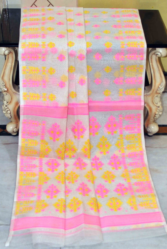 Woven Nakshi Work Soft Muslin Jamdani Saree in Off White, Pink and Yellow