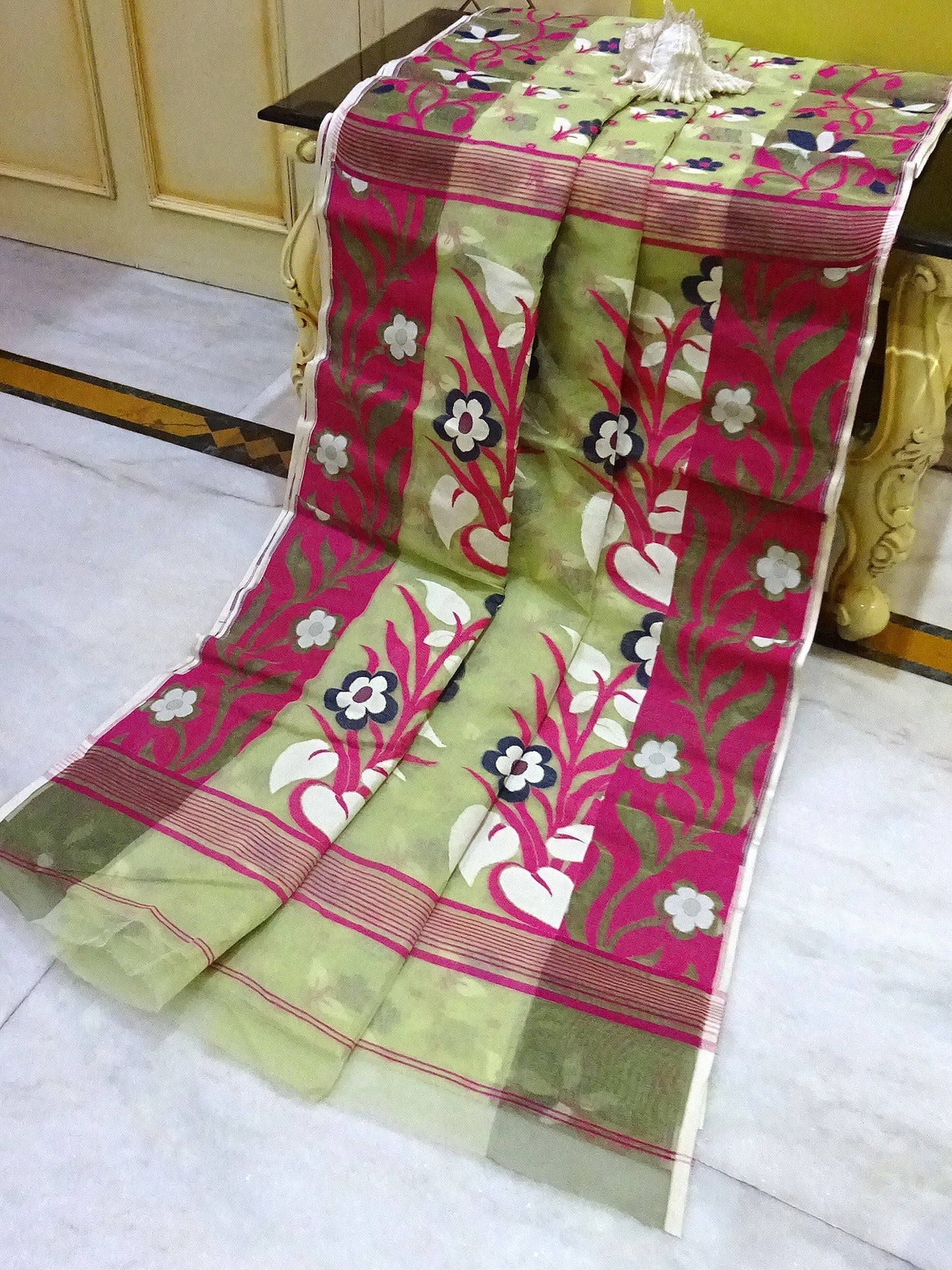 Floral Nakshi Motif Work Dhakai Jamdani Saree in Dollar Bill Green, Magenta, Off White and Black