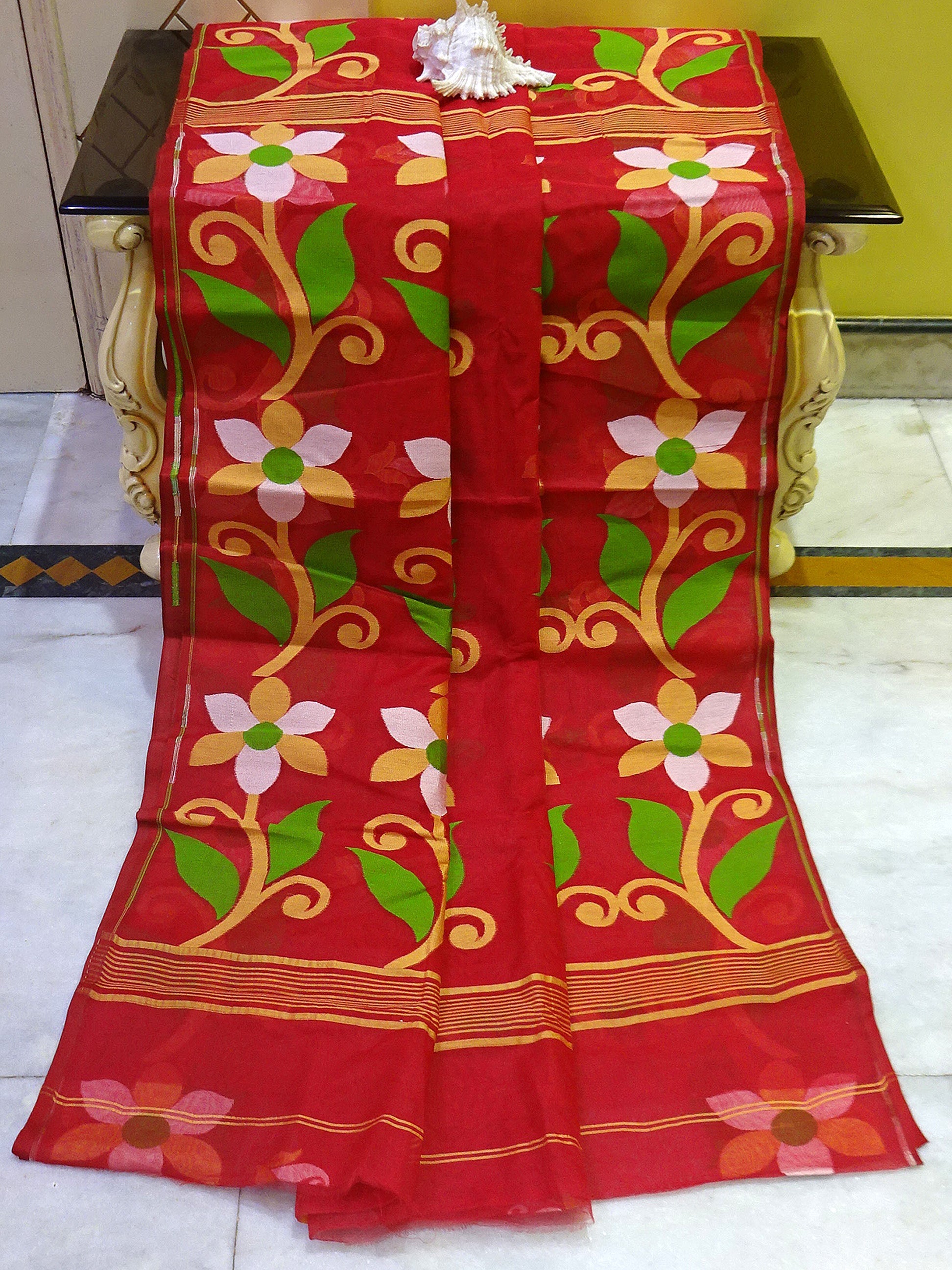 Dhakai Jamdani Saree in Red and Multicolored Woven Nakshi Thread Work
