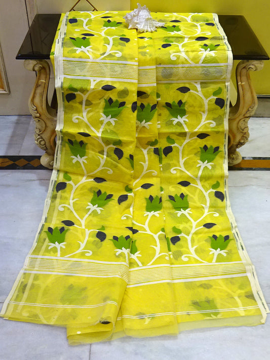 Dhakai Jamdani Saree in Pastel Yellow and Multicolored Woven Nakshi Thread Work