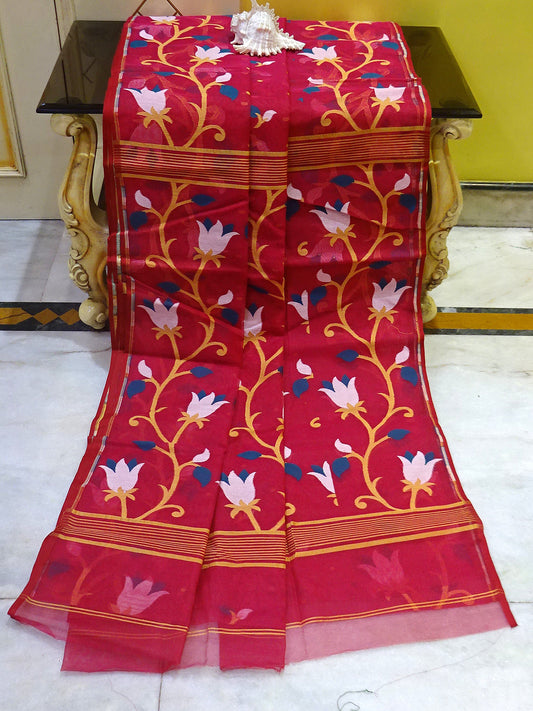 Woven Lotus Nakshi Motif Work Dhakai Jamdani Saree in Ruby Red and Multicolored