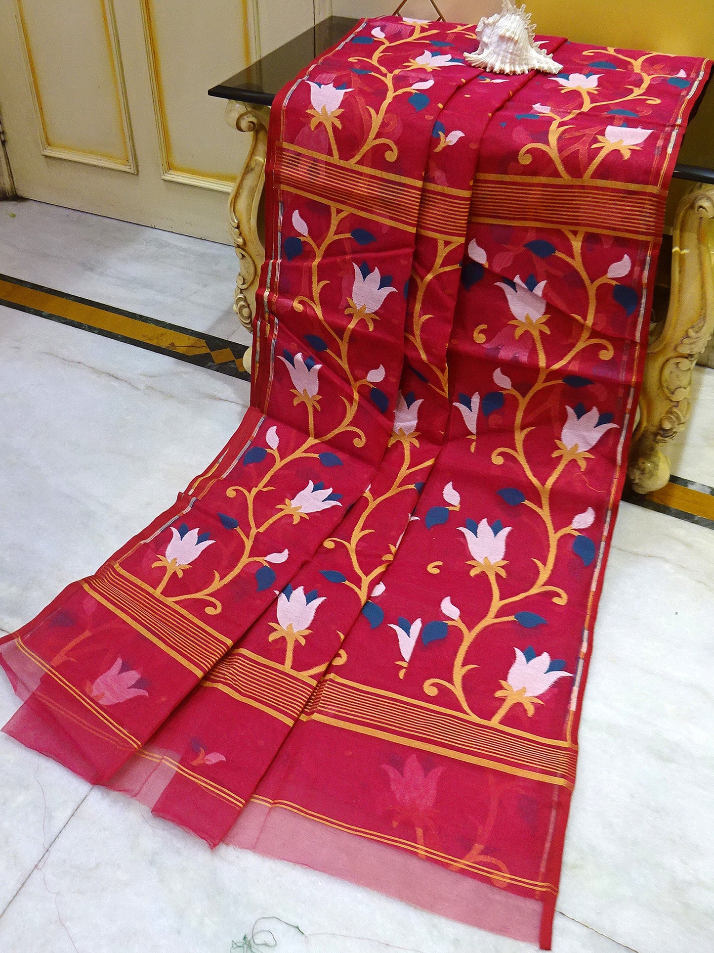 Woven Lotus Nakshi Motif Work Dhakai Jamdani Saree in Ruby Red and Multicolored