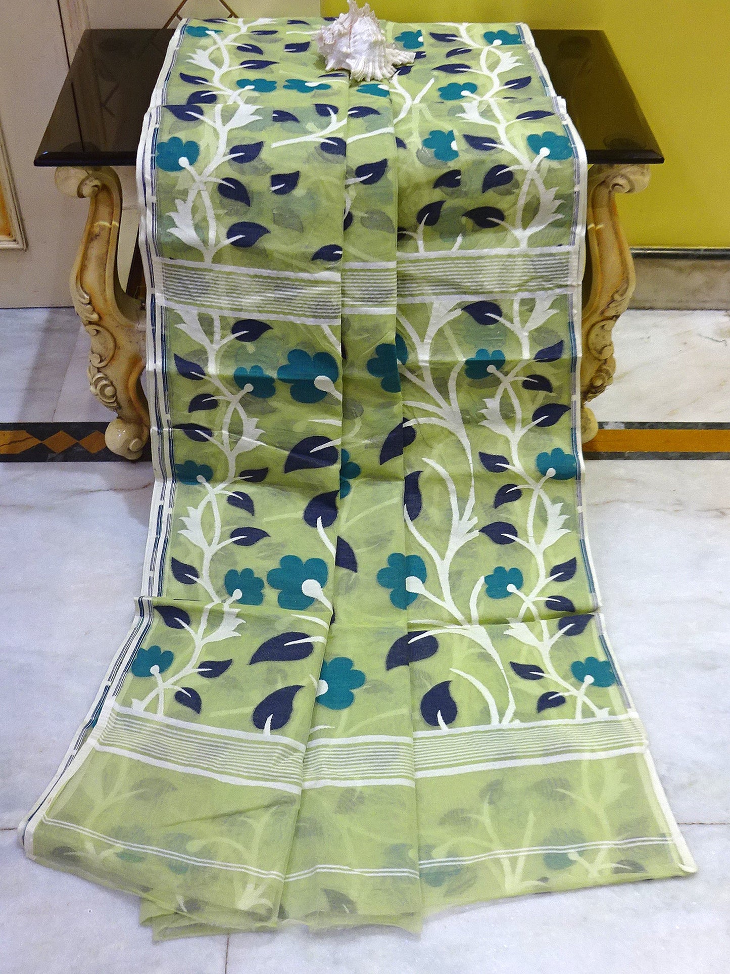 Dhakai Jamdani Saree in Nyanza Green, Dark Teal, Off White and Midnight Blue