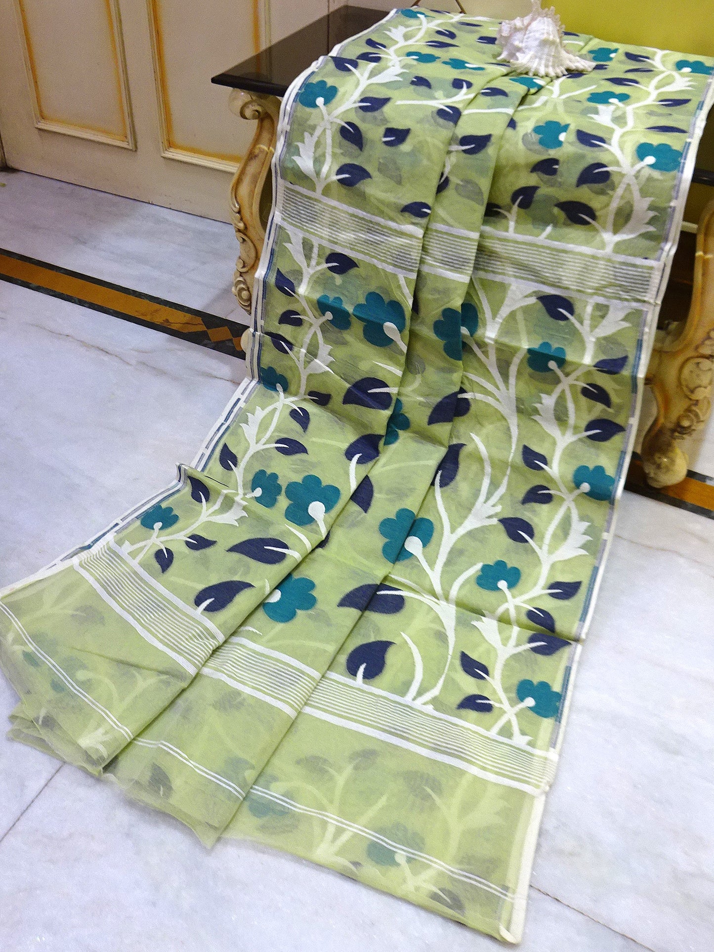 Dhakai Jamdani Saree in Nyanza Green, Dark Teal, Off White and Midnight Blue