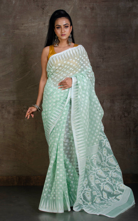 Dhakai Jamdani Saree in Aqua Green, White and Gold