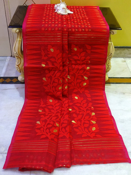 Traditional Soft Jamdani Saree in Scarlet Red and Gold