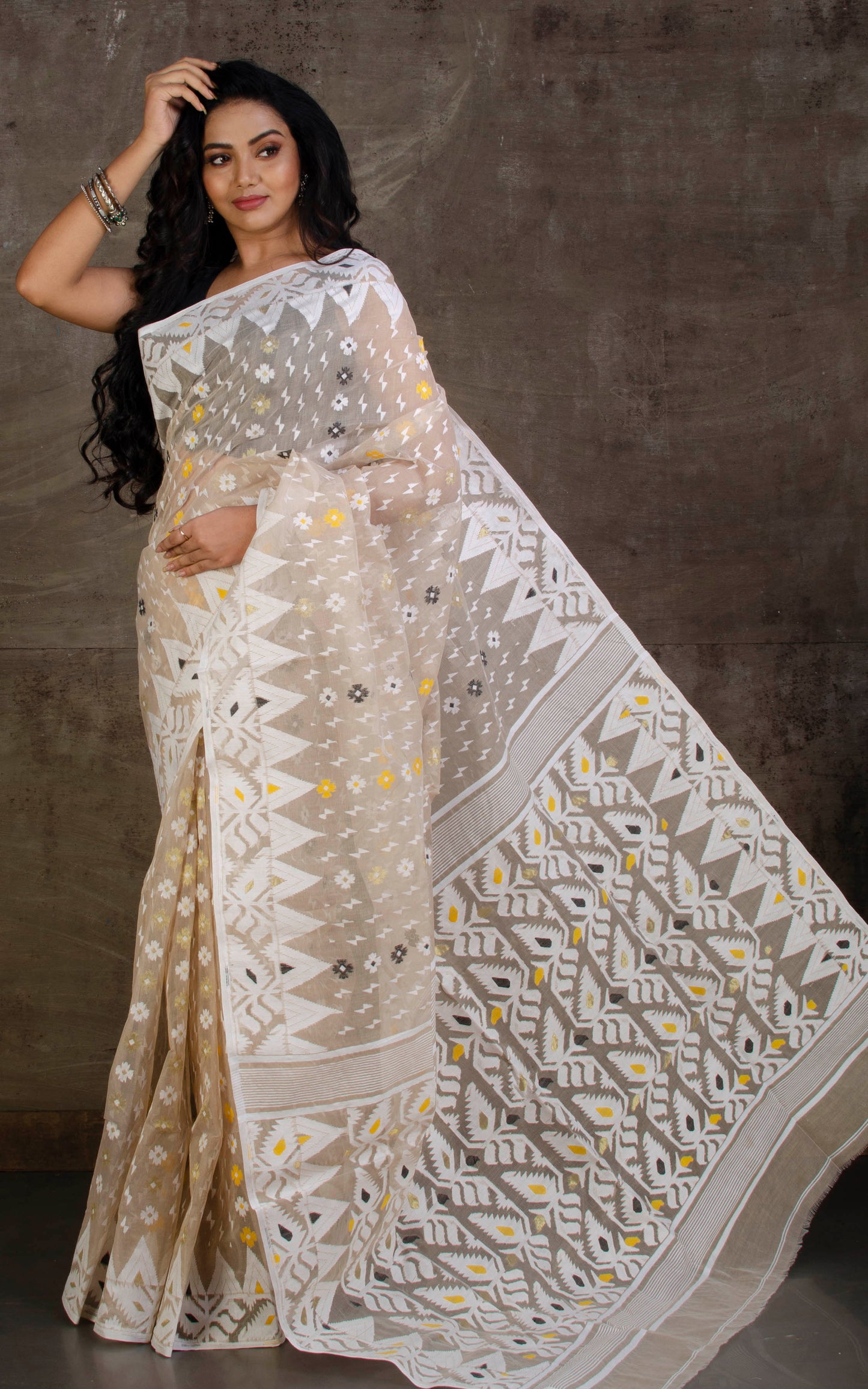 Handwoven Jamdani Sarees in Light Mud and White