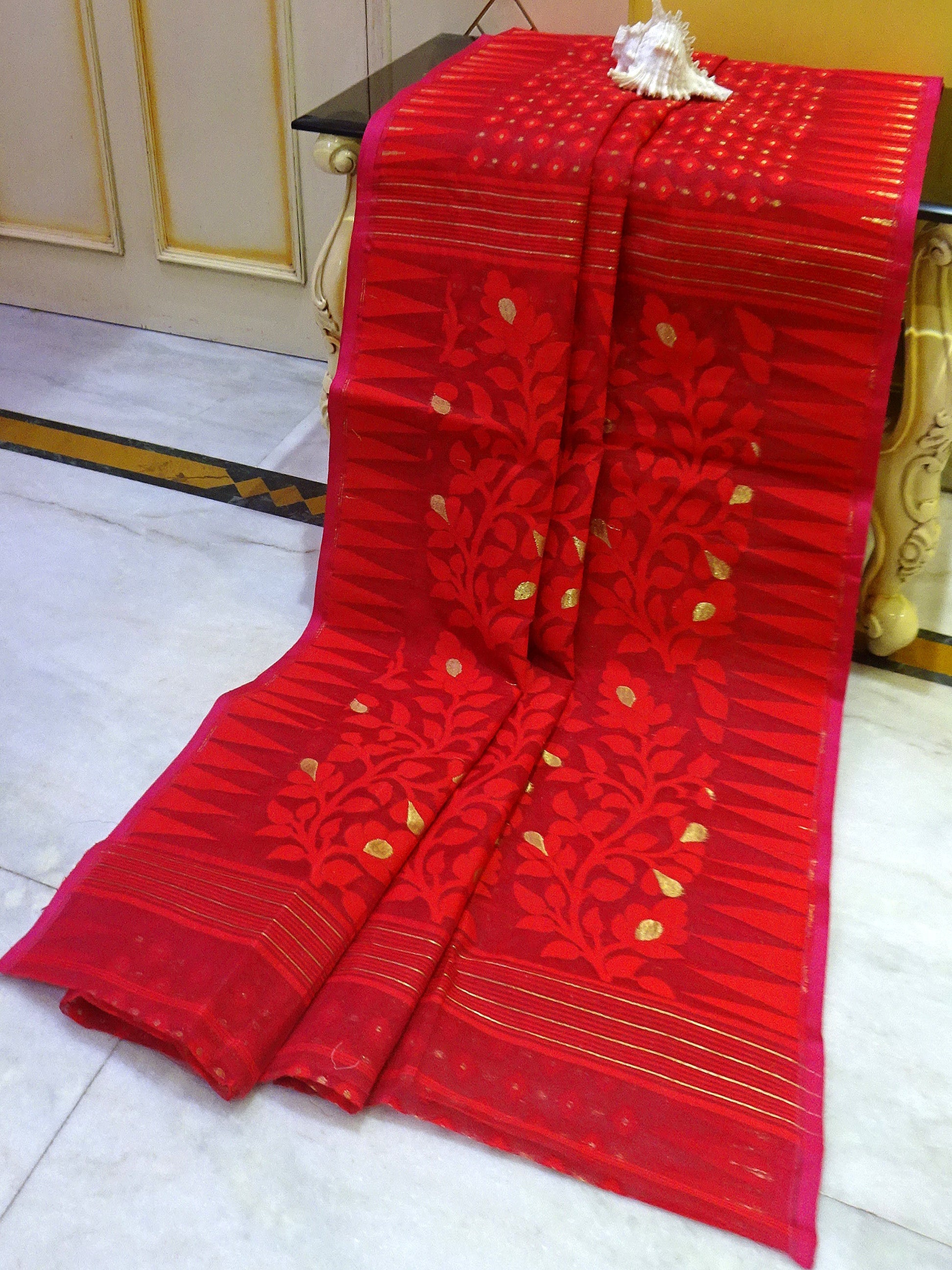 Traditional Soft Jamdani Saree in Scarlet Red and Gold