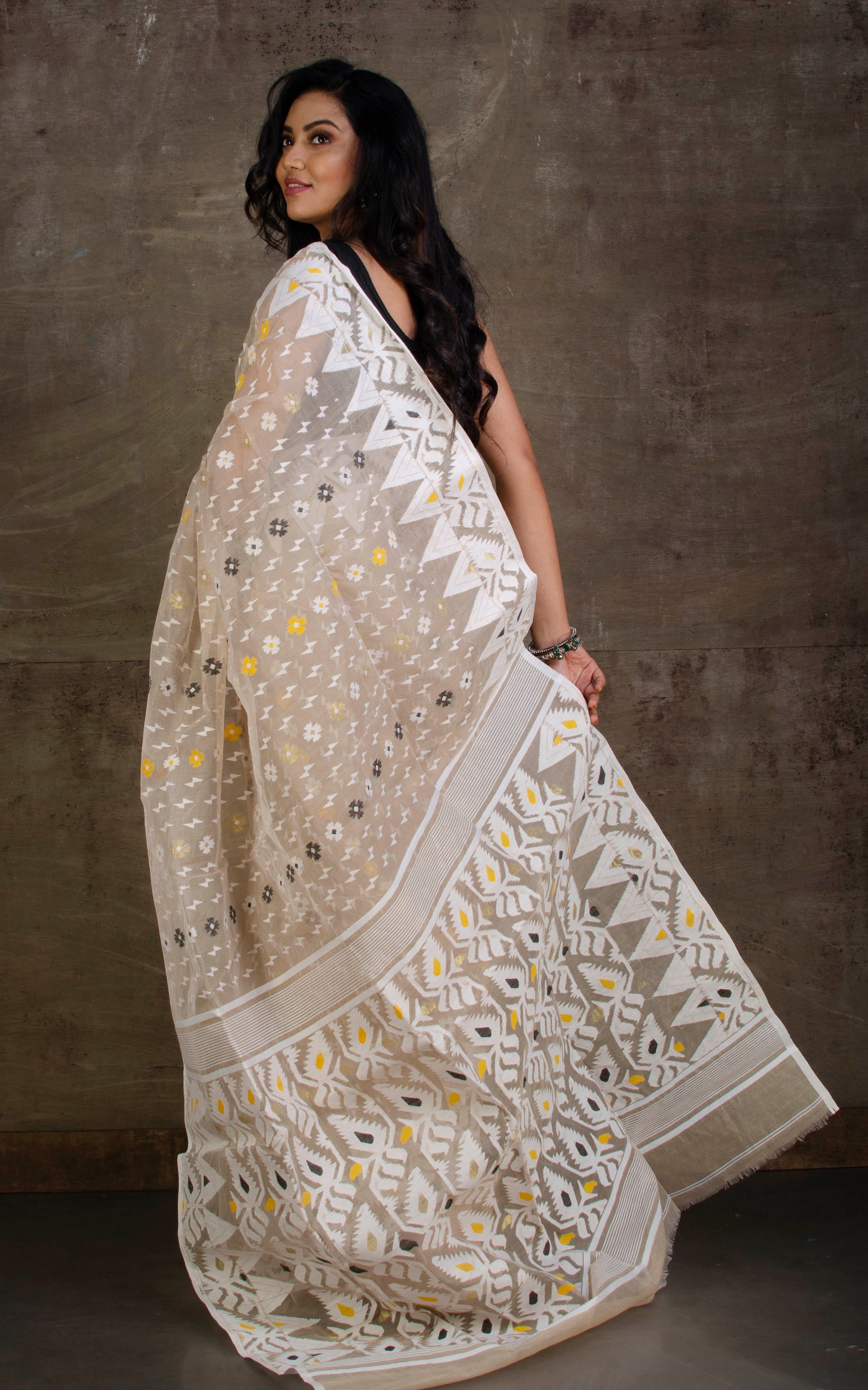 Handwoven Jamdani Sarees in Light Mud and White