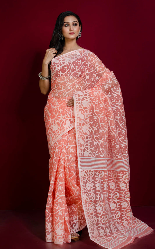 Sholapuri Work Jamdani Saree in Soap Orange, White and Gold