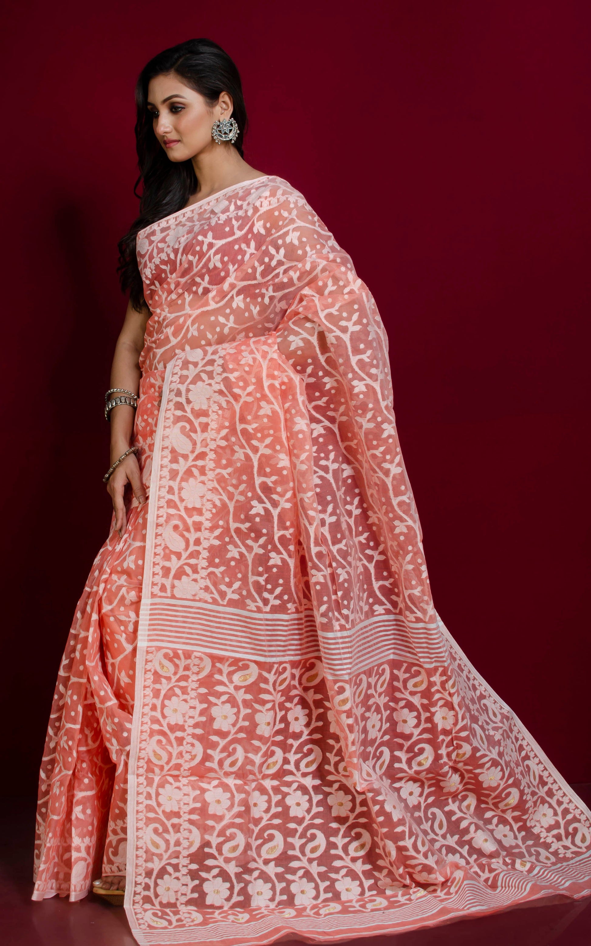 Sholapuri Work Jamdani Saree in Soap Orange, White and Gold